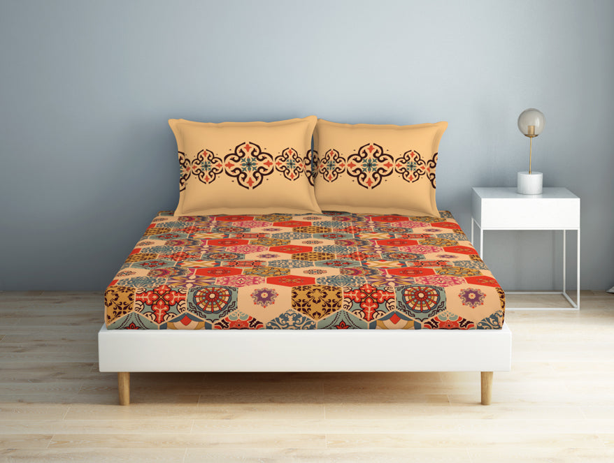 Spaces India Geometric Creampuff - Light Orange 100% Cotton Double Bedsheet - Aurum By Spaces