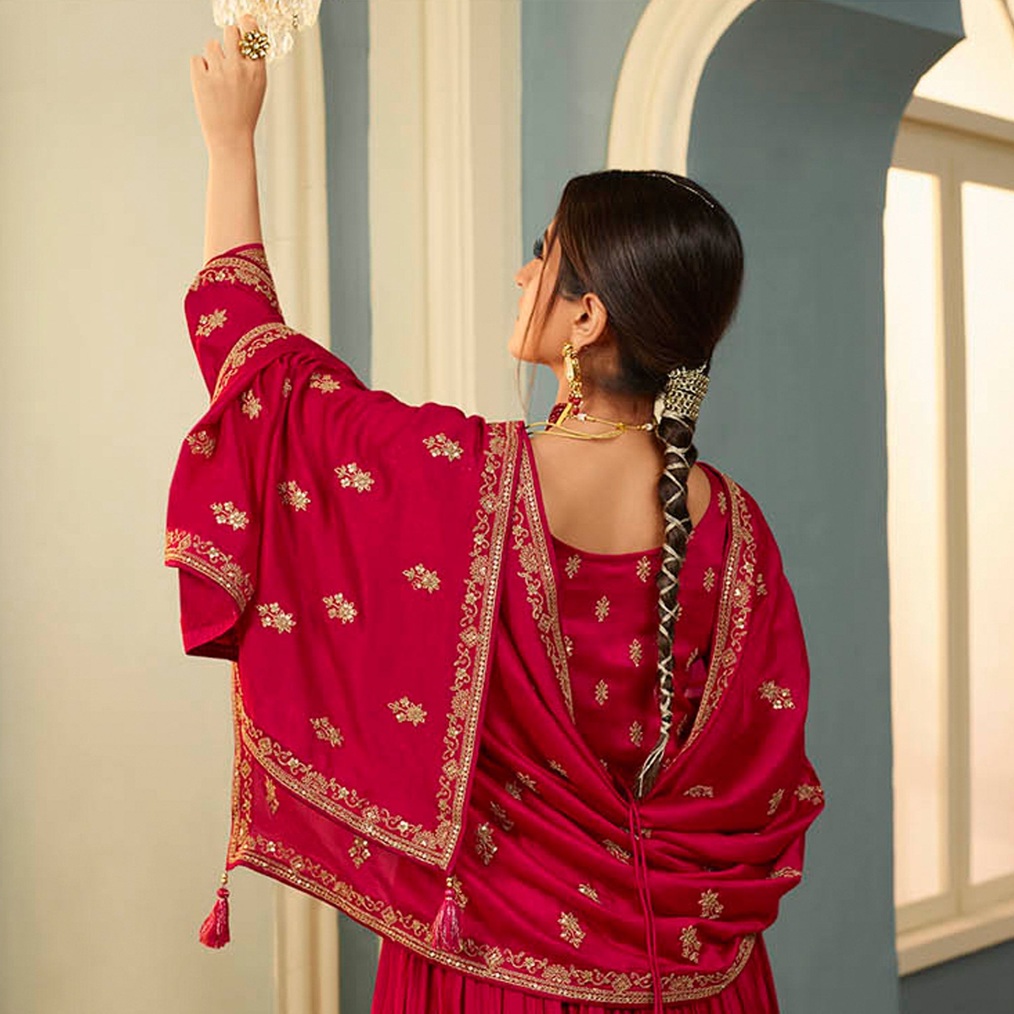 Peachmode Seller Magenta Pink Embroidered Georgette Gown - view 5