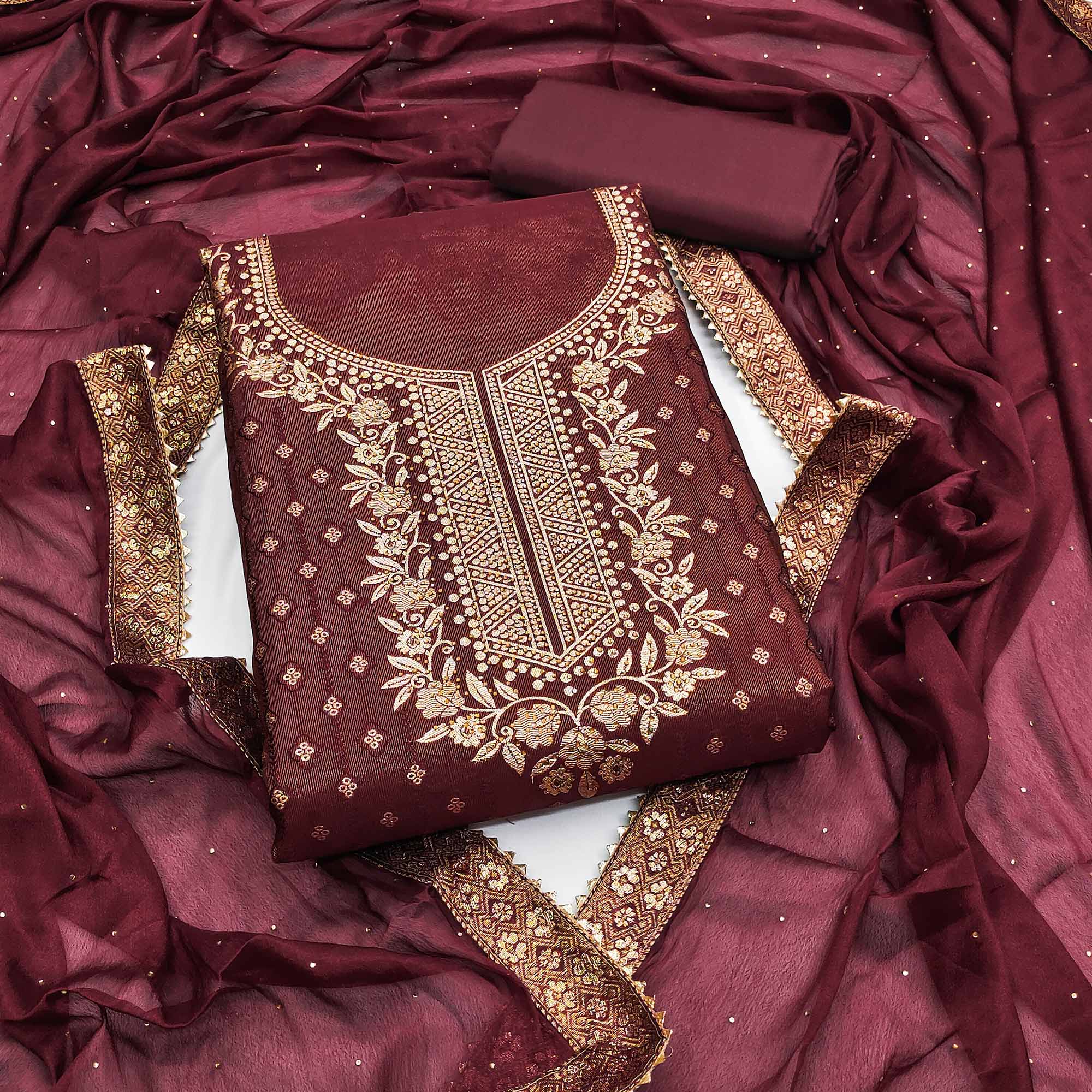 Peachmode Maroon Floral Woven Shimmer Jacquard Dress Material