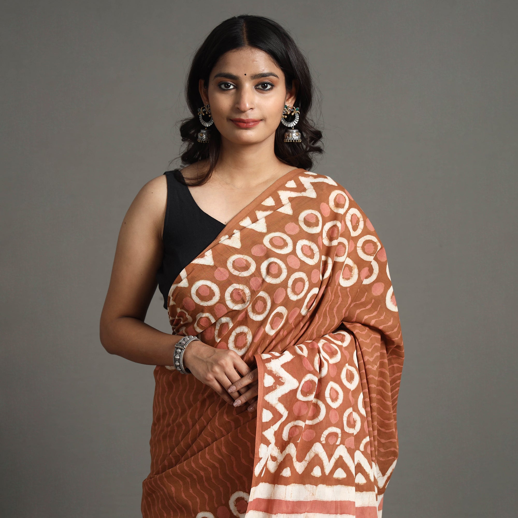 ARTISAN HAND BLOCK PRINTS Brown - Bagru Dabu Block Printed Mul Cotton Saree - view 5