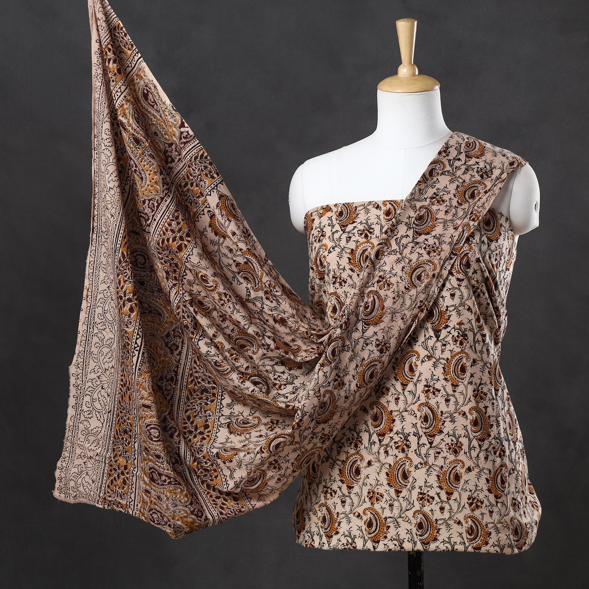 VENKATA BHANU KALAMKARI PEDANA Beige - 2pc Pedana Kalamkari Block Printed Cotton Suit Material Set 15