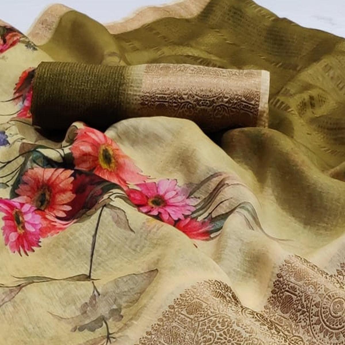 Peachmode Breathtaking Beige Colored Festive Wear Woven Banarasi Silk Saree - view 2