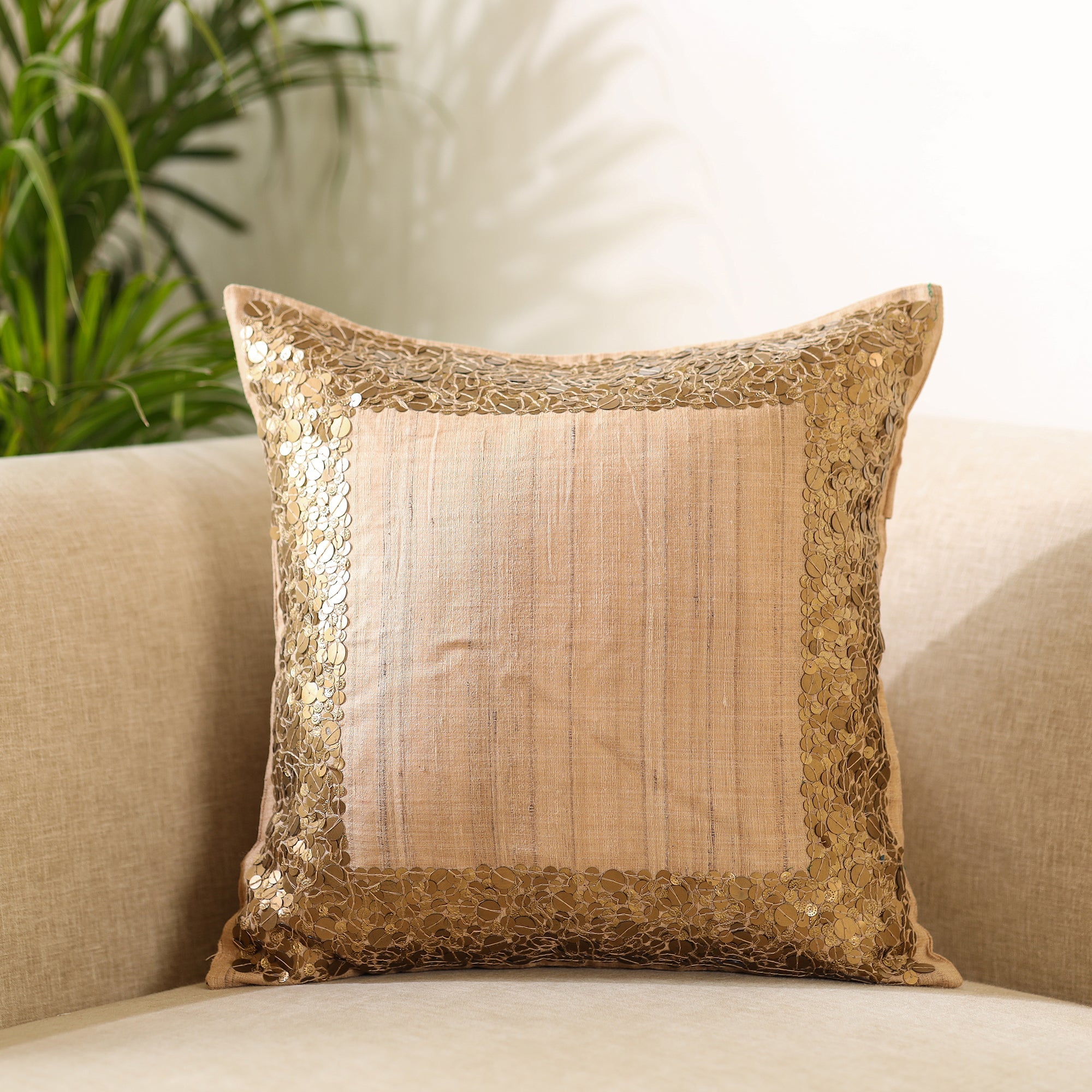 CHHATTISGARH HASTSHILP VIKAS BOARD Brown - Aari Embroidery Sequin Work Mercerised Ghicha Silk Cushion Cover (16 x 16 in)