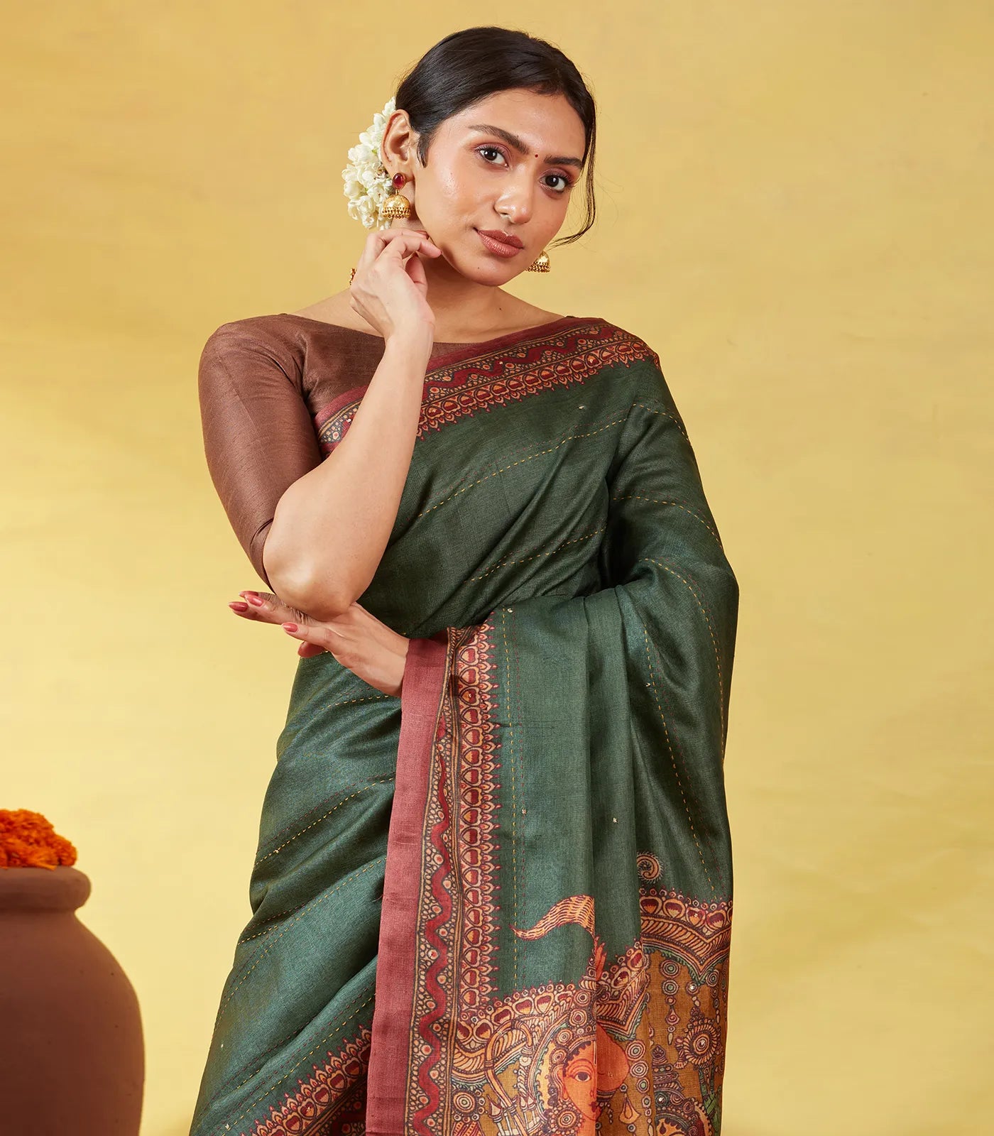 RmKV Bottle Green Handloom Tussar Silk Saree Printed With Lord Ram In Pallu - view 2