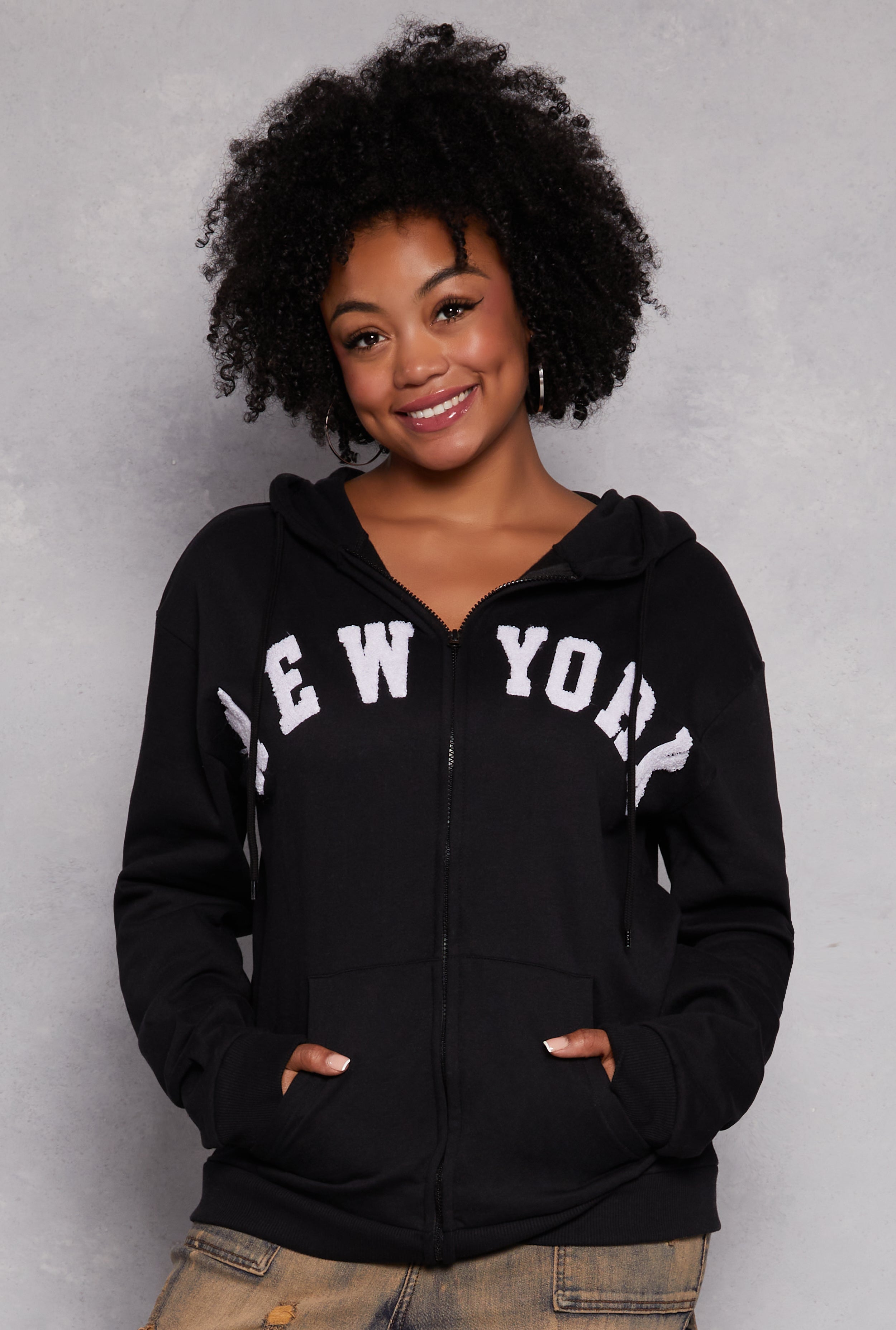 Rainbow Shops Plus Size New York Zip Front Hoodie