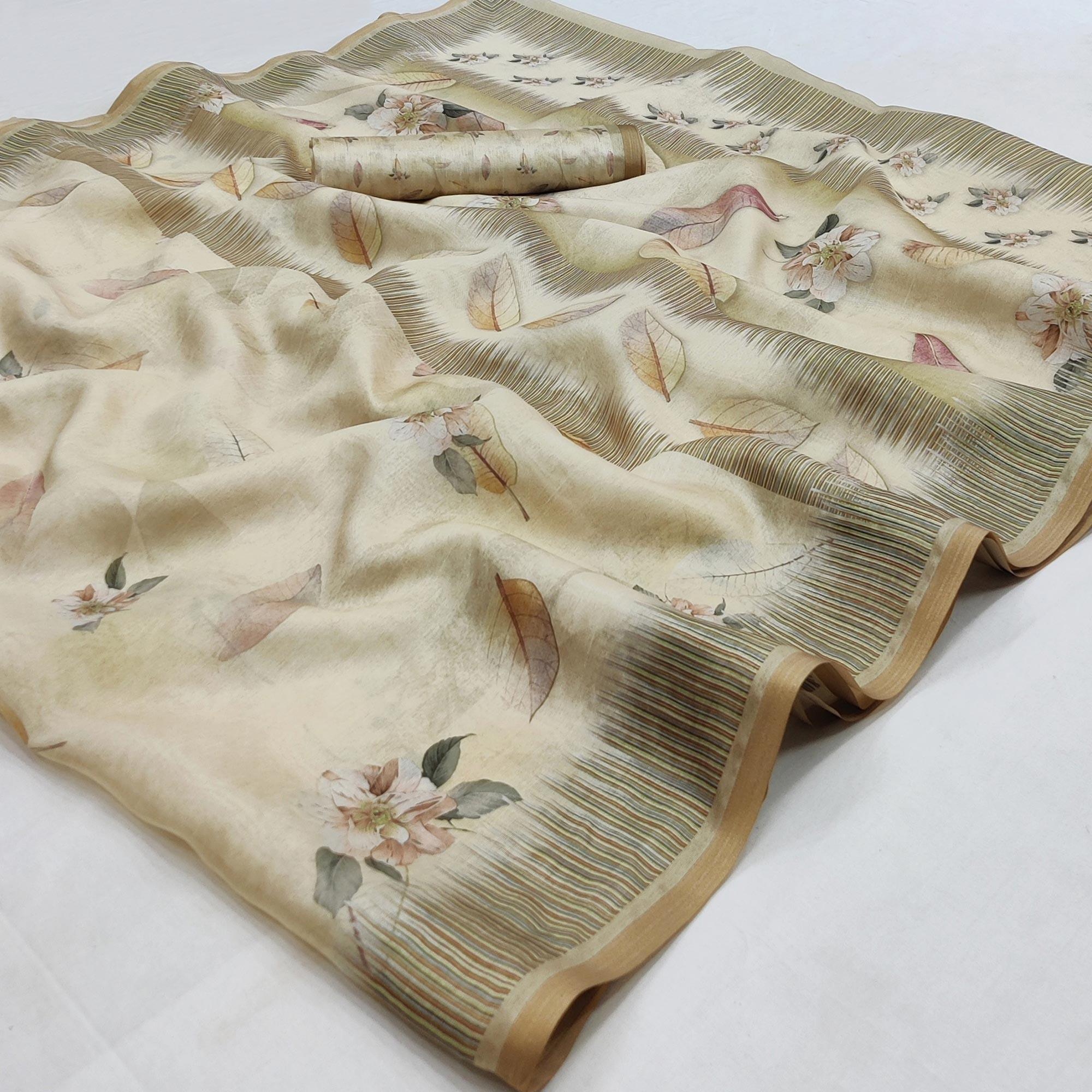 Peachmode Cream Floral Printed Pure Cotton Saree