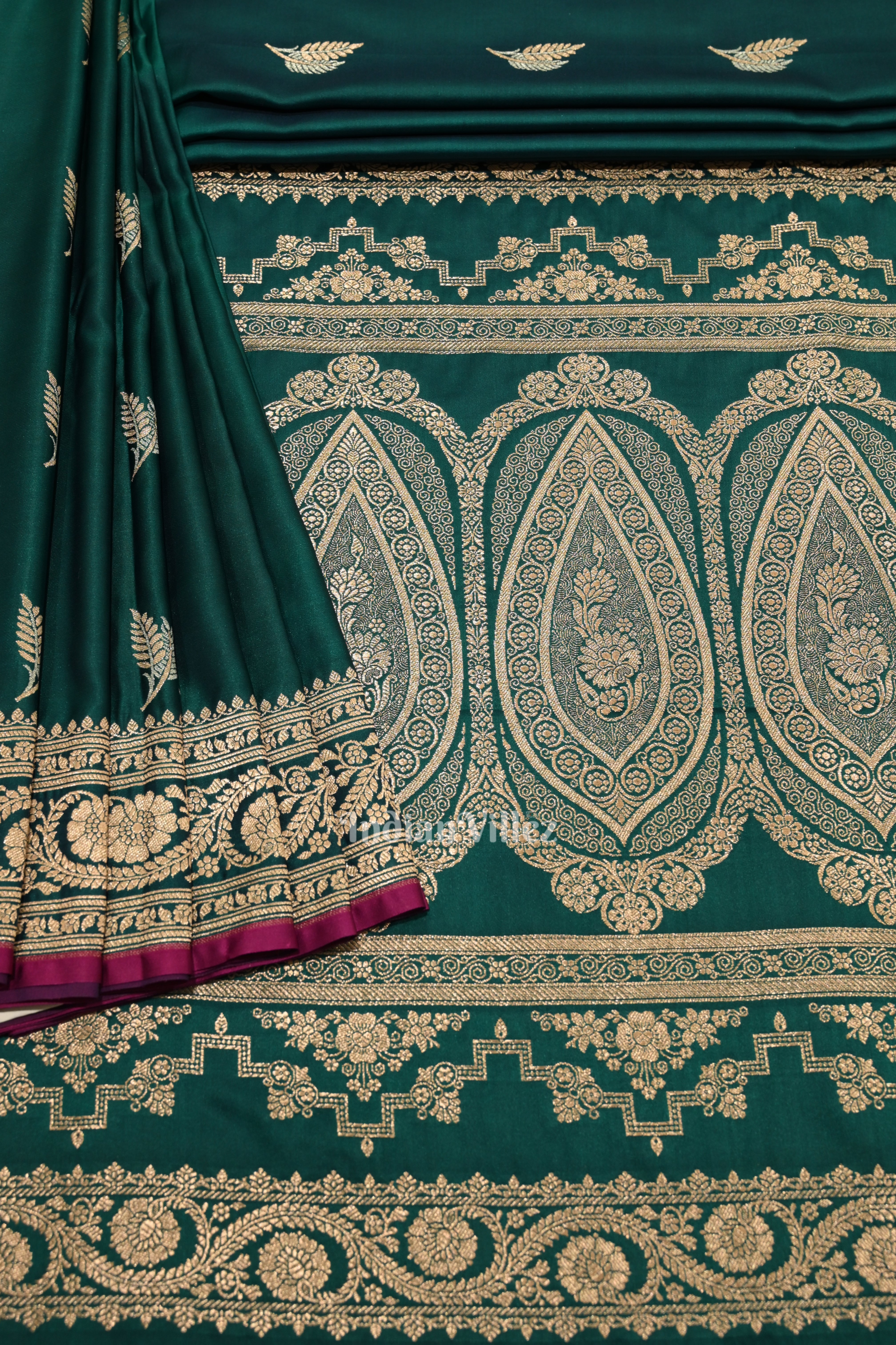 IndianVillèz Dark Bottle Green Banarasi with Silver Satin Silk Saree