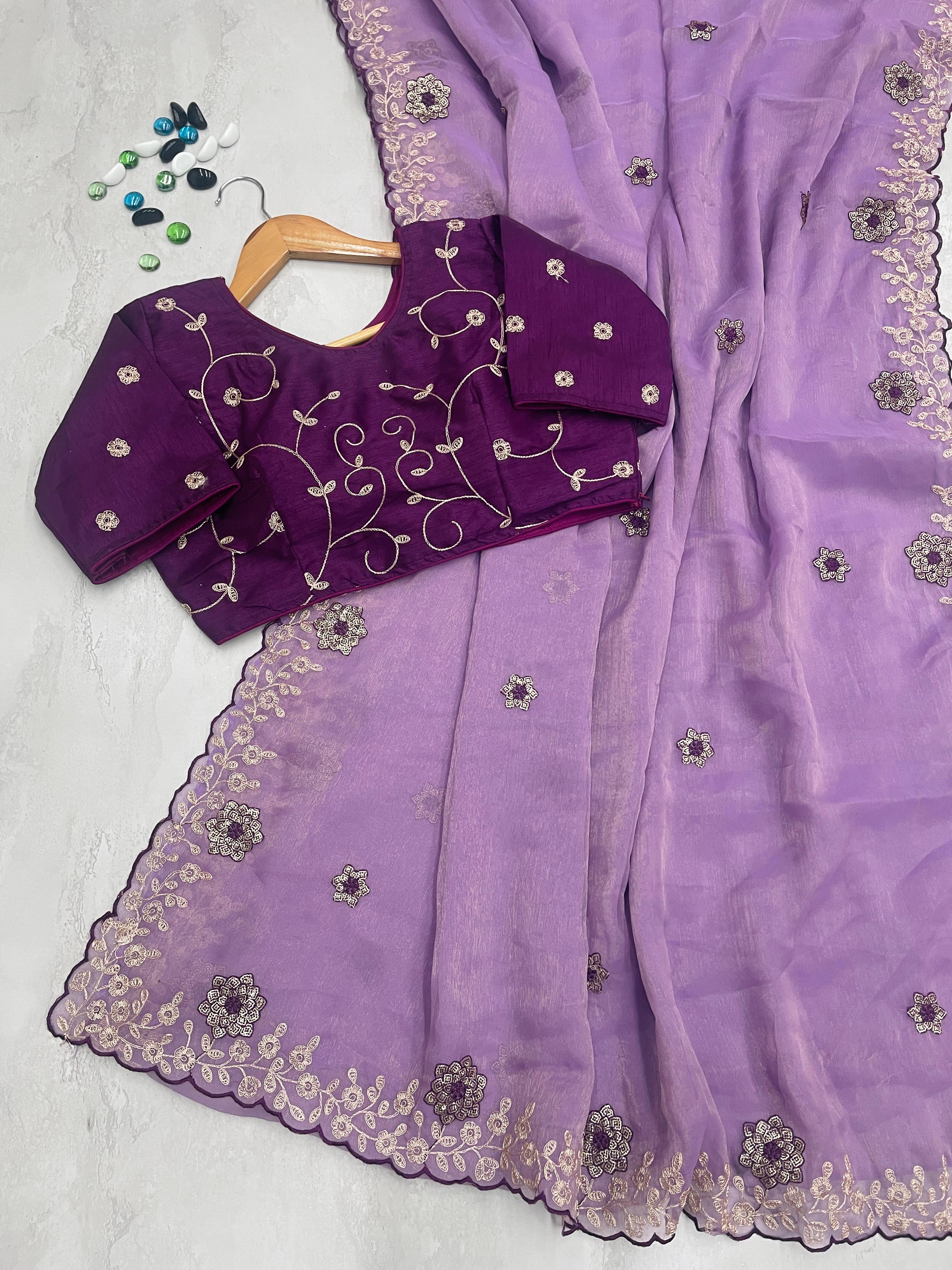 ClothsVilla Purple Kasoli Silk Saree with Beautiful Embroidery and Contrast Thread Work