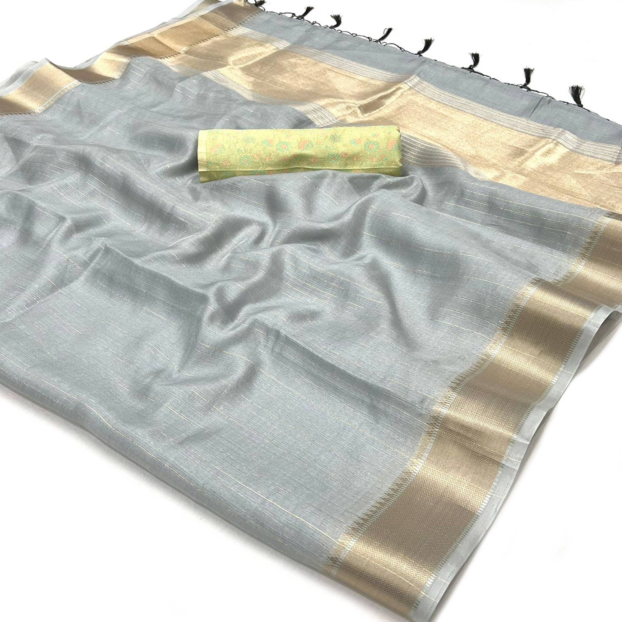 Peachmode Grey Woven Zari Chiffon Saree – Women's