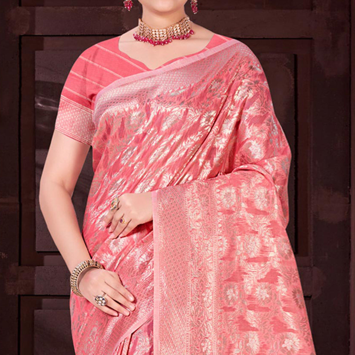 Peachmode Gajari Pink Floral Woven Cotton Blend Saree - view 3