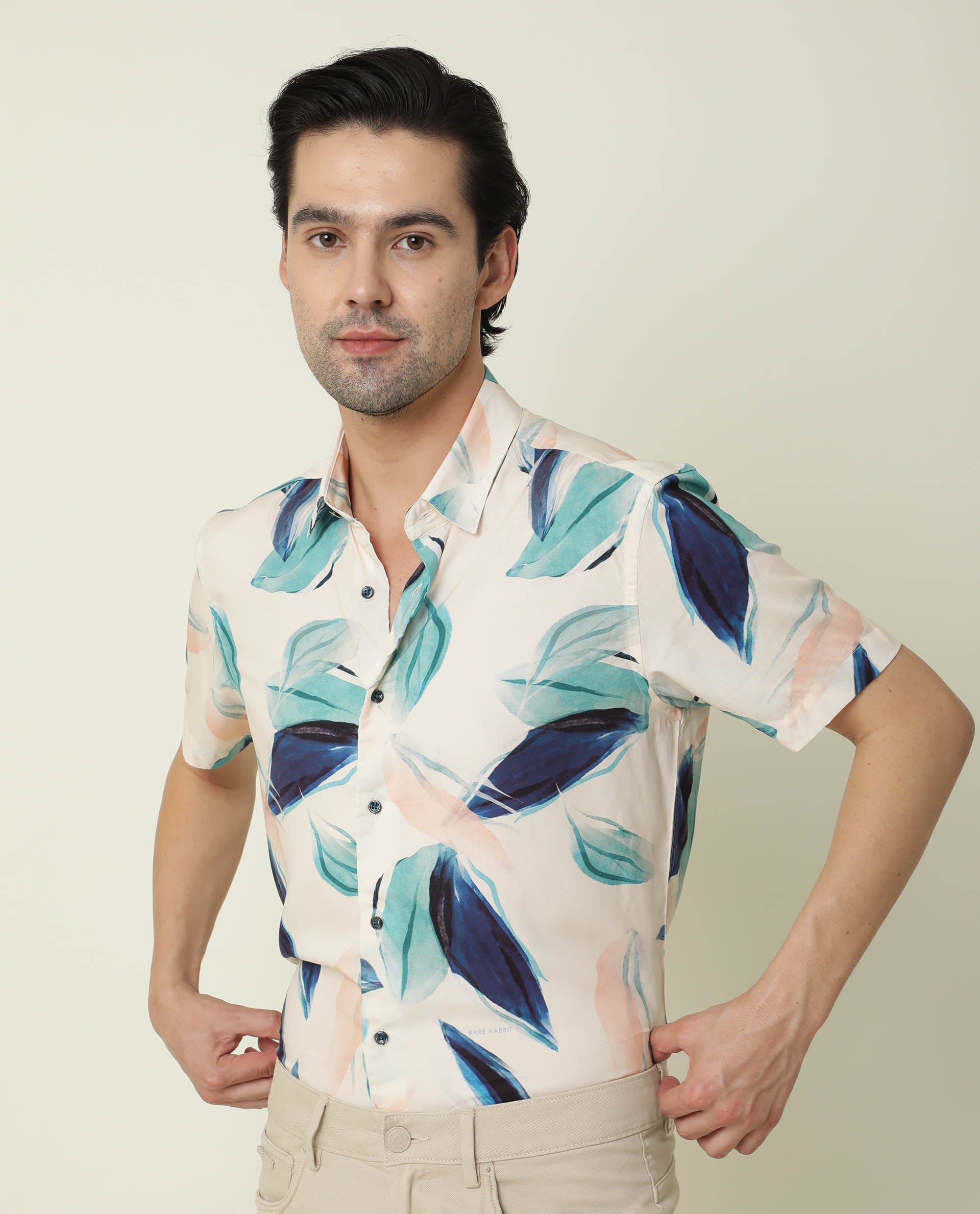 Rare Rabbit Men's Avion Beige Viscose Fabric Tropical Print Half Sleeves Shirt
