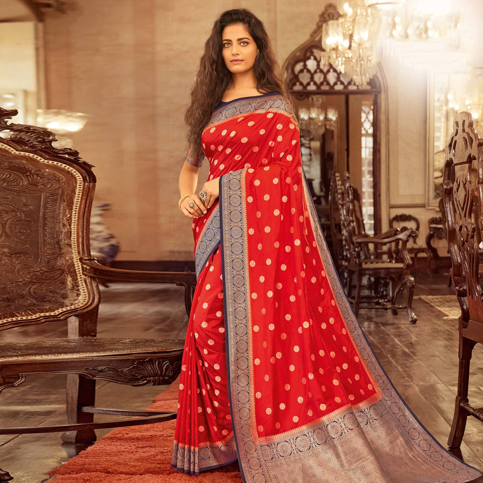 Peachmode Excellent Red Colored Festive Wear Woven Chanderi Cotton Saree