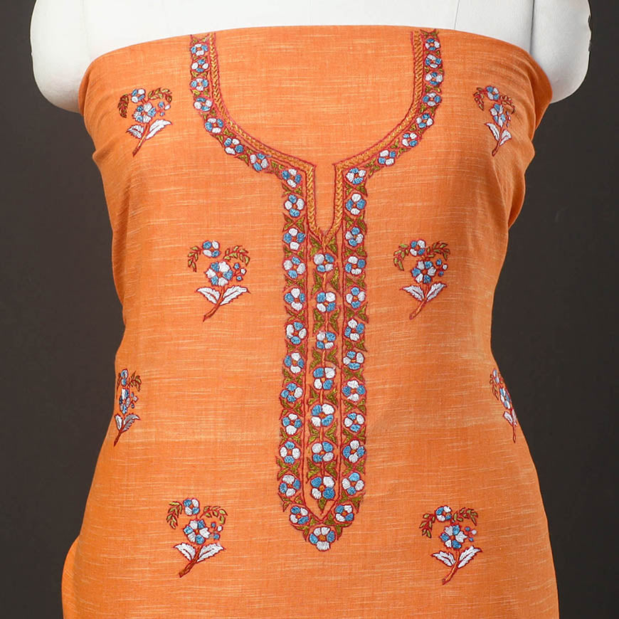 ITOKRI CRAFTS INITIATIVE Orange - Kashida Hand Embroidery Cotton Kurta Material (2.5m) 38 - view 3
