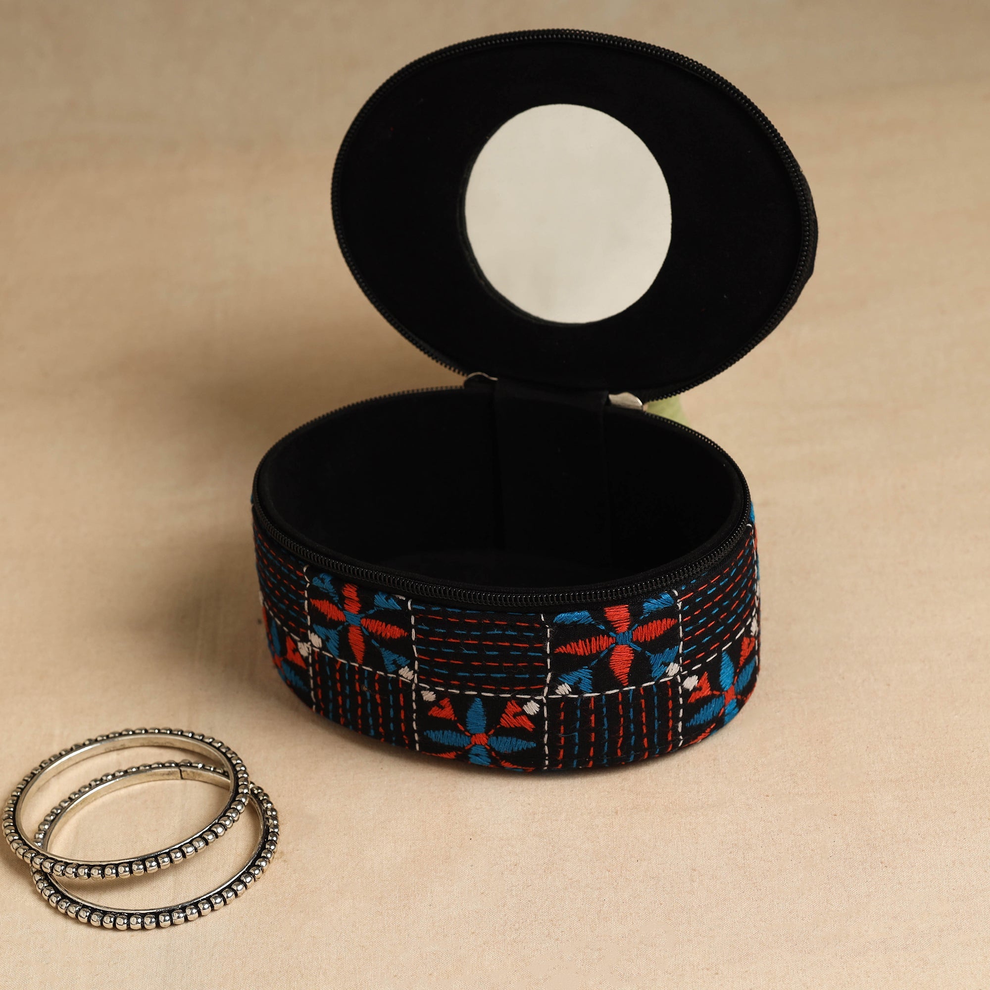 ASALKAAR Black - Bengal Kantha Work Handcrafted Oval Jewelry Box with Mirror 19 - view 2