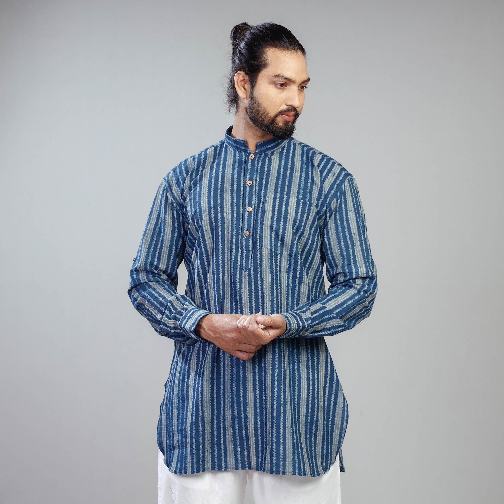 ITOKRI CASUALS Blue - Akola Block Printed Cotton Men Short Kurta
