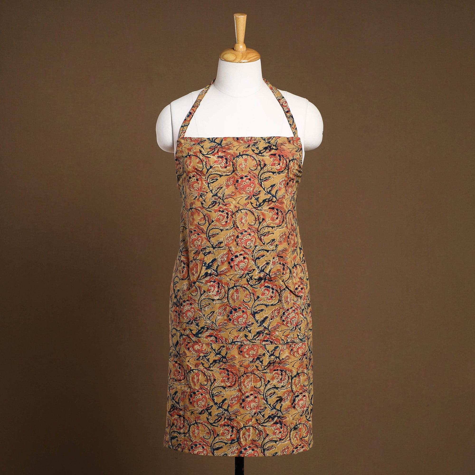 JALPARI Beige - Kalamkari Block Print Cotton Apron with Pocket 32