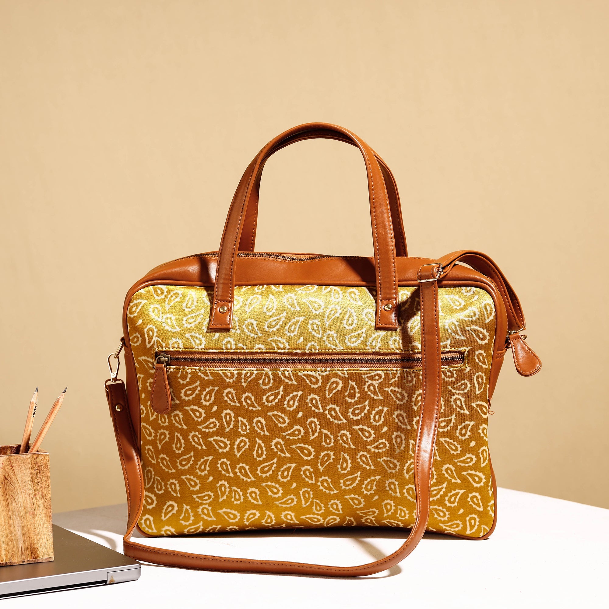ITOKRI CRAFTS INITIATIVE Brown - Handcrafted Ajrakh Block Printed Modal Silk Laptop Bag (15 x 13 in)