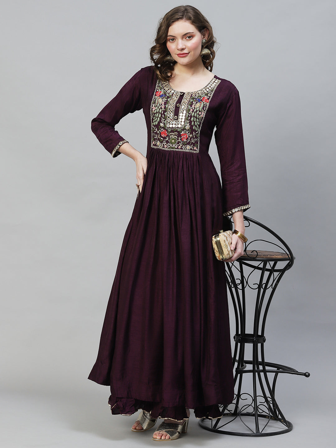 Fashor Floral Hand Embroidered Flared Maxi Dress - Deep Wine