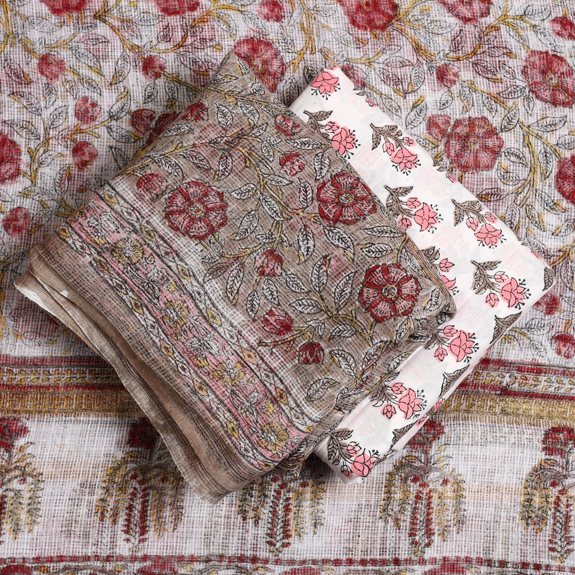 ARTISAN HAND BLOCK PRINTS Brown - 3pc Sanganeri Block Print Kota Cotton Dress Material 14 - view 2