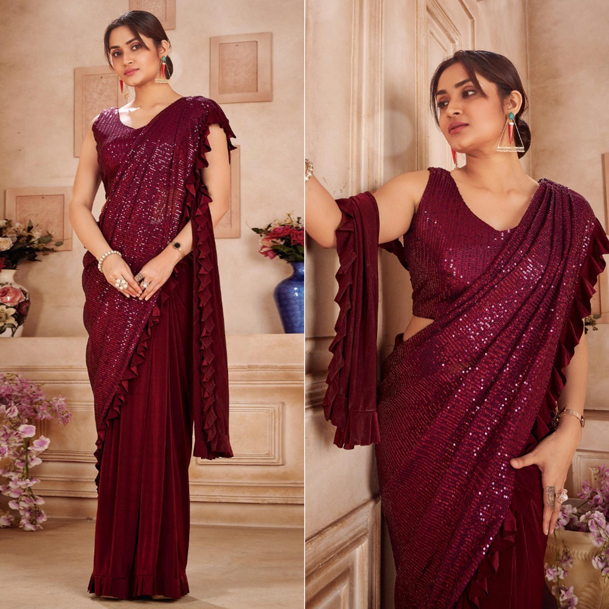 Peachmode Maroon Sequins Embroidered Ready to Wear Lycra And Netted Saree