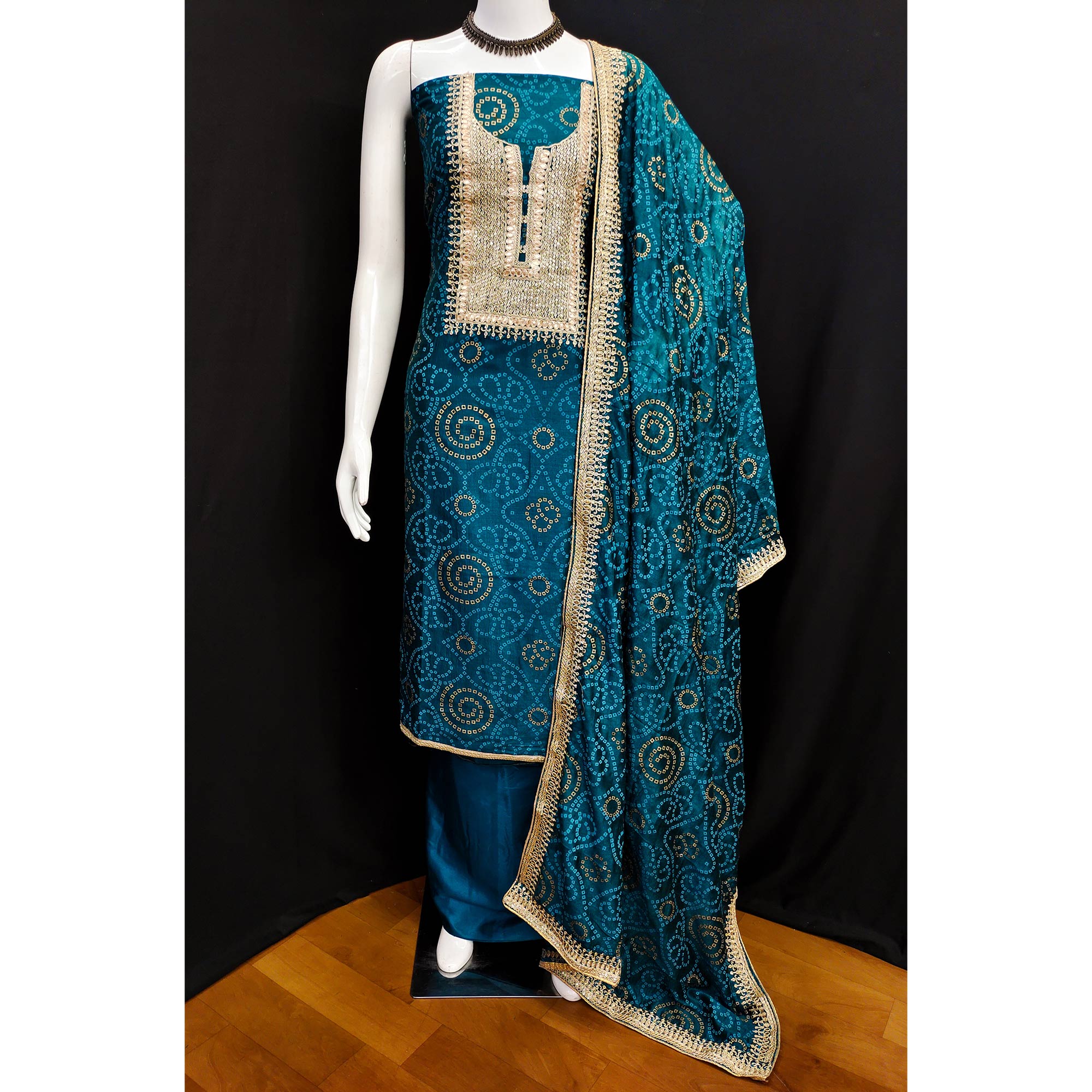 Peachmode Morpich Printed With Embroidered Vichitra Silk Dress Material - view 3