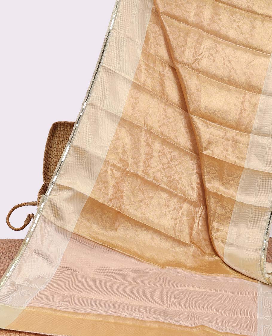 Pothys Orange floral vine printed semi-banaras tissue silk saree with zari border & argyle design pallu