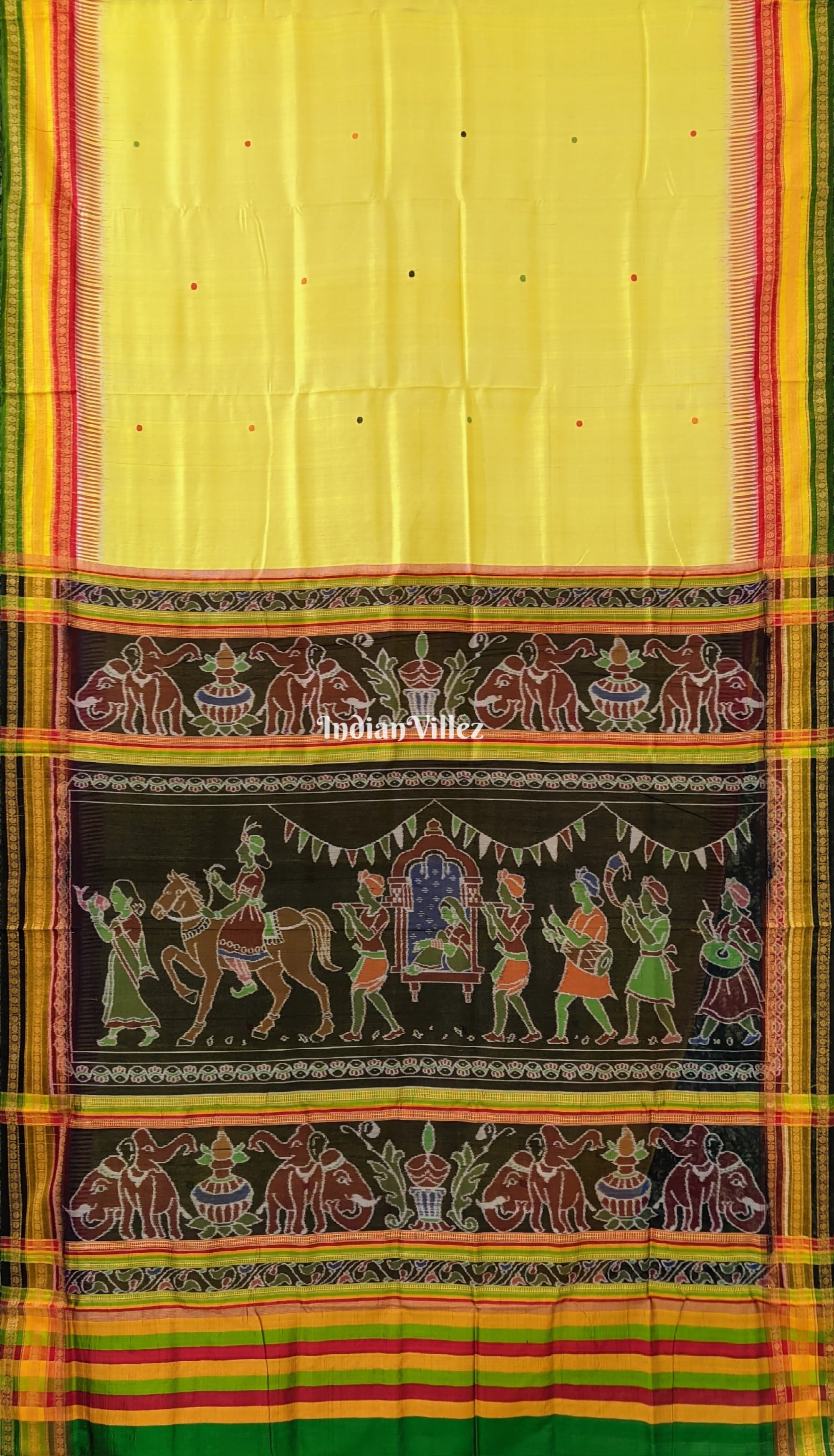 IndianVillèz Yellow Kathiphera Odisha Ikat Khandua Silk Saree with Doli Barat Pallu