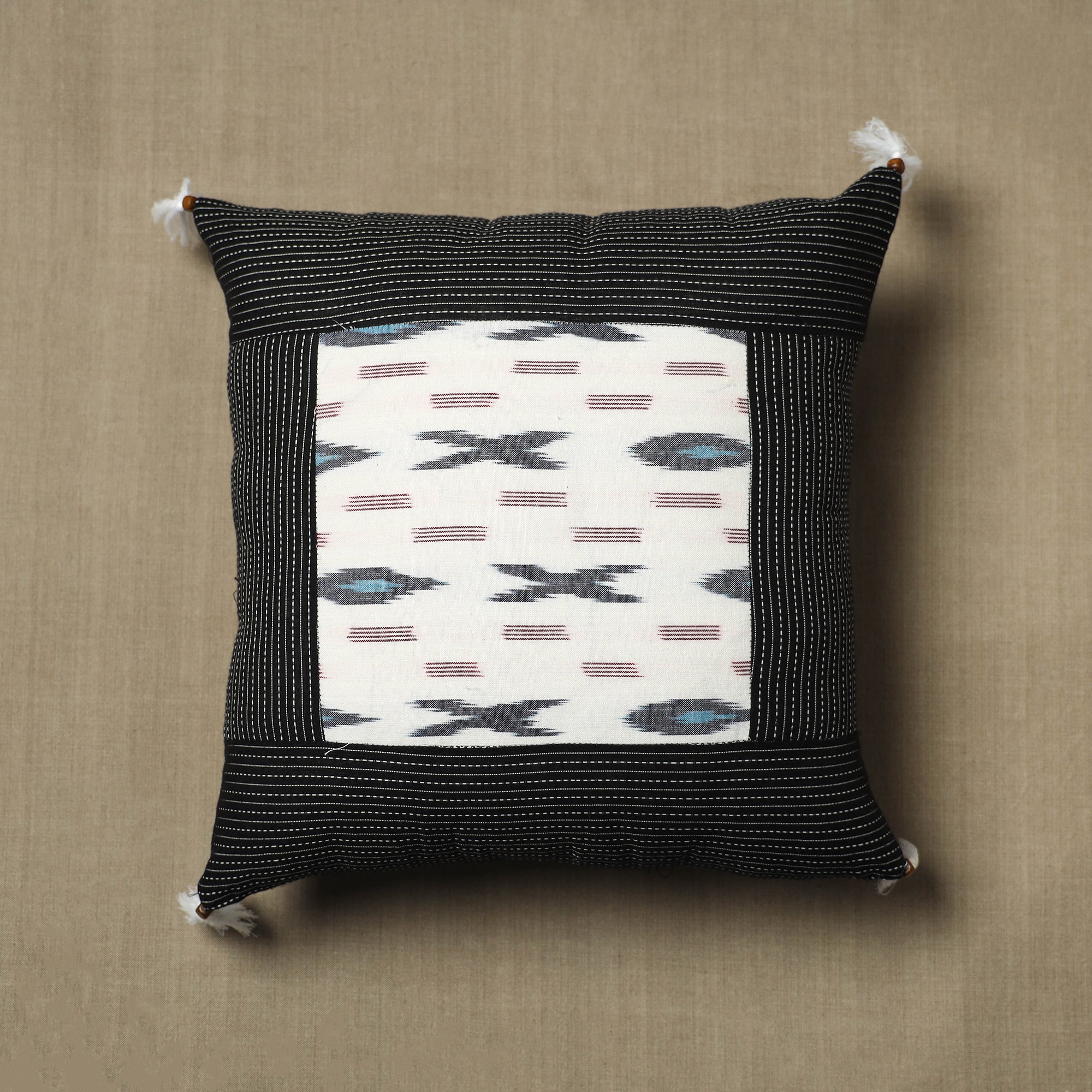NOORI BAZAR Black - Kantha Stitch Ikat Cotton Cushion Cover (16 x 16 in) 03