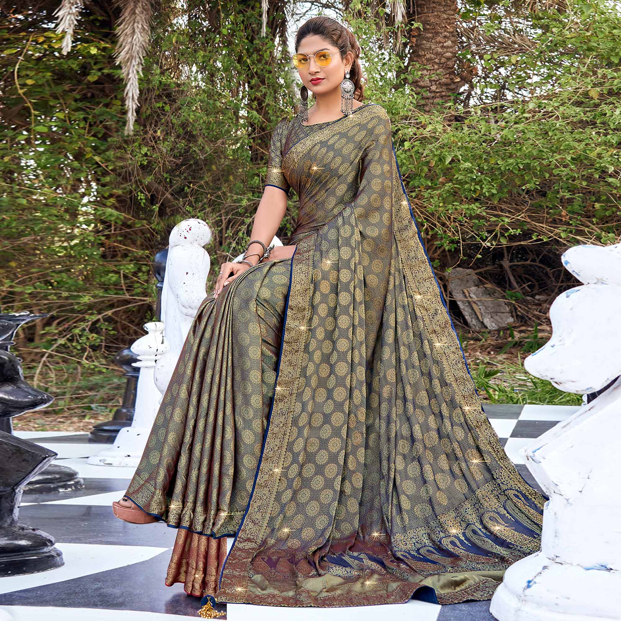 Peachmode Blue Woven With Swarovski Work Pure Silk Saree