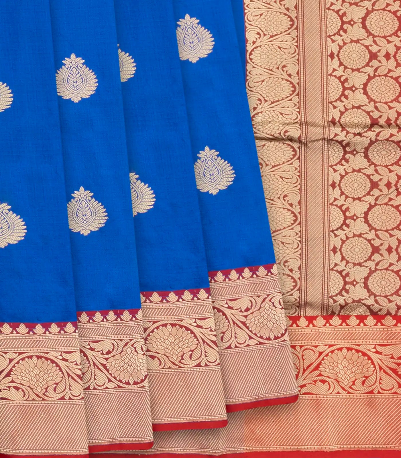 RmKV Blue Banarasi Silk Saree With Floral Motifs & Red Border-Blue