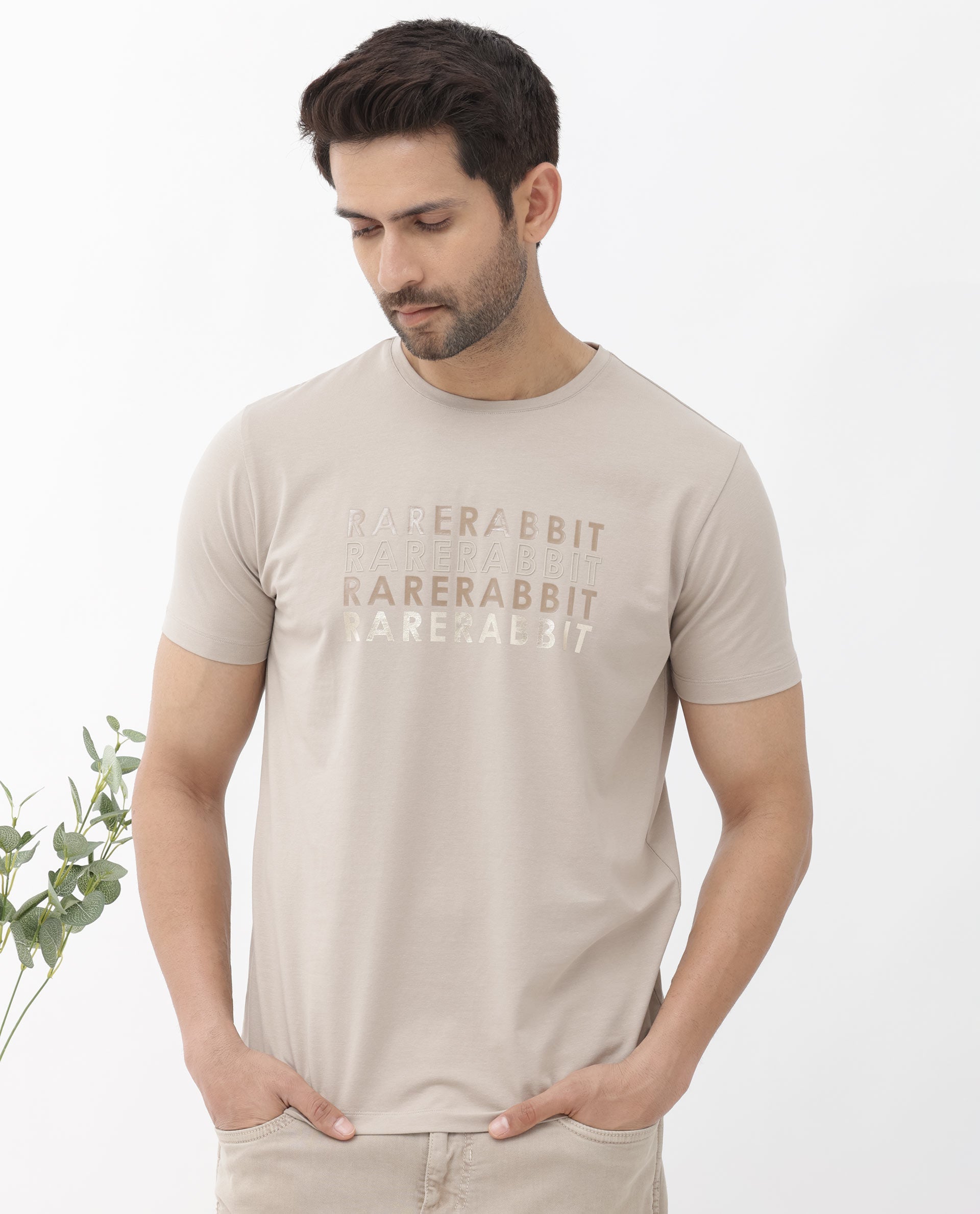 Rare Rabbit Men's Callum Beige Cotton Lycra Fabric Half Sleeves Graphic Statement Print T-Shirt - view 3