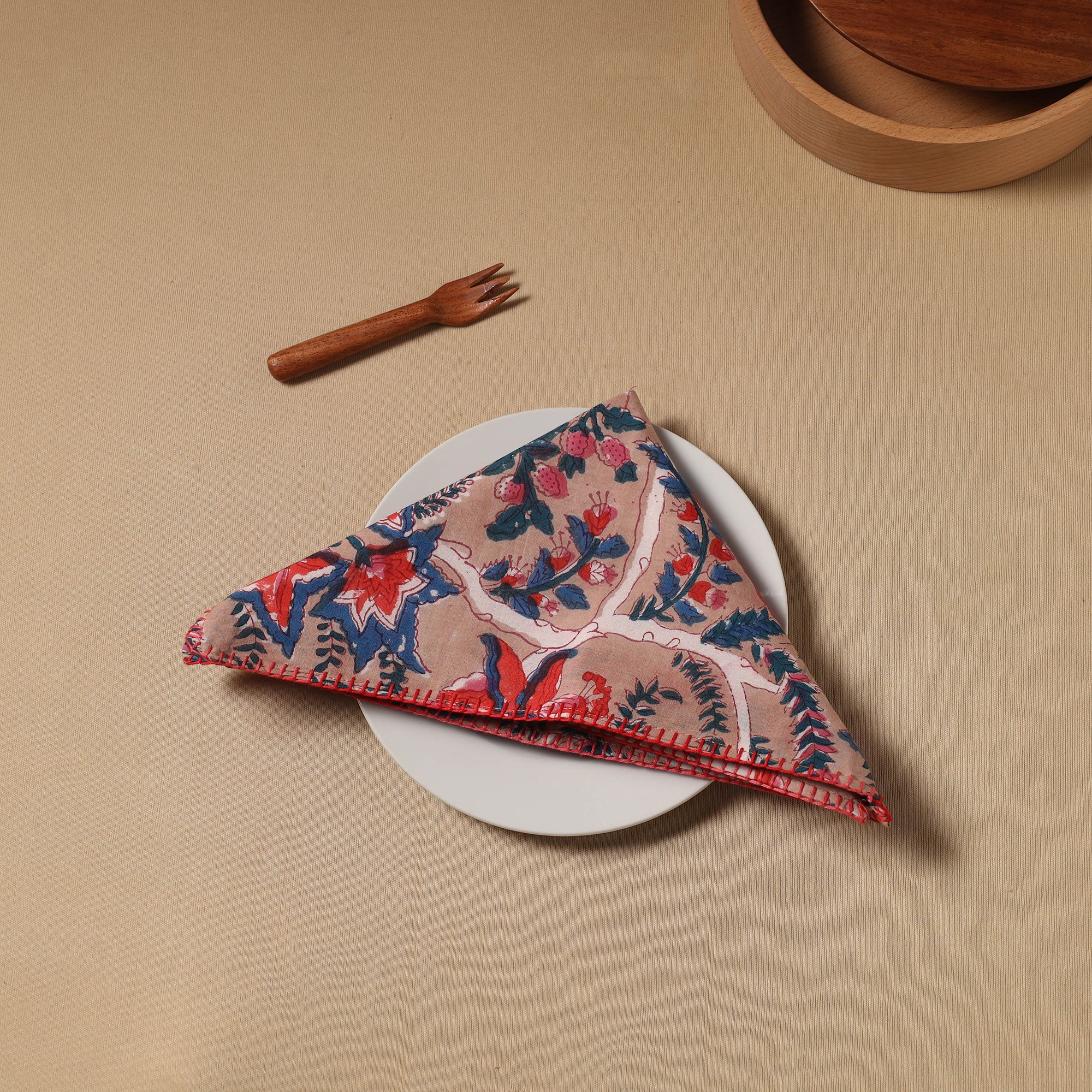 NOORI BAZAR Brown - Floral Block Print Cotton Hand Embroidery Table Napkin 07
