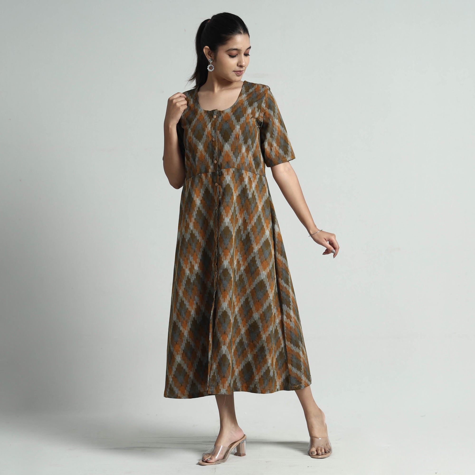ITOKRI CASUALS Brown - Pochampally Double Ikat Weave Cotton Dress