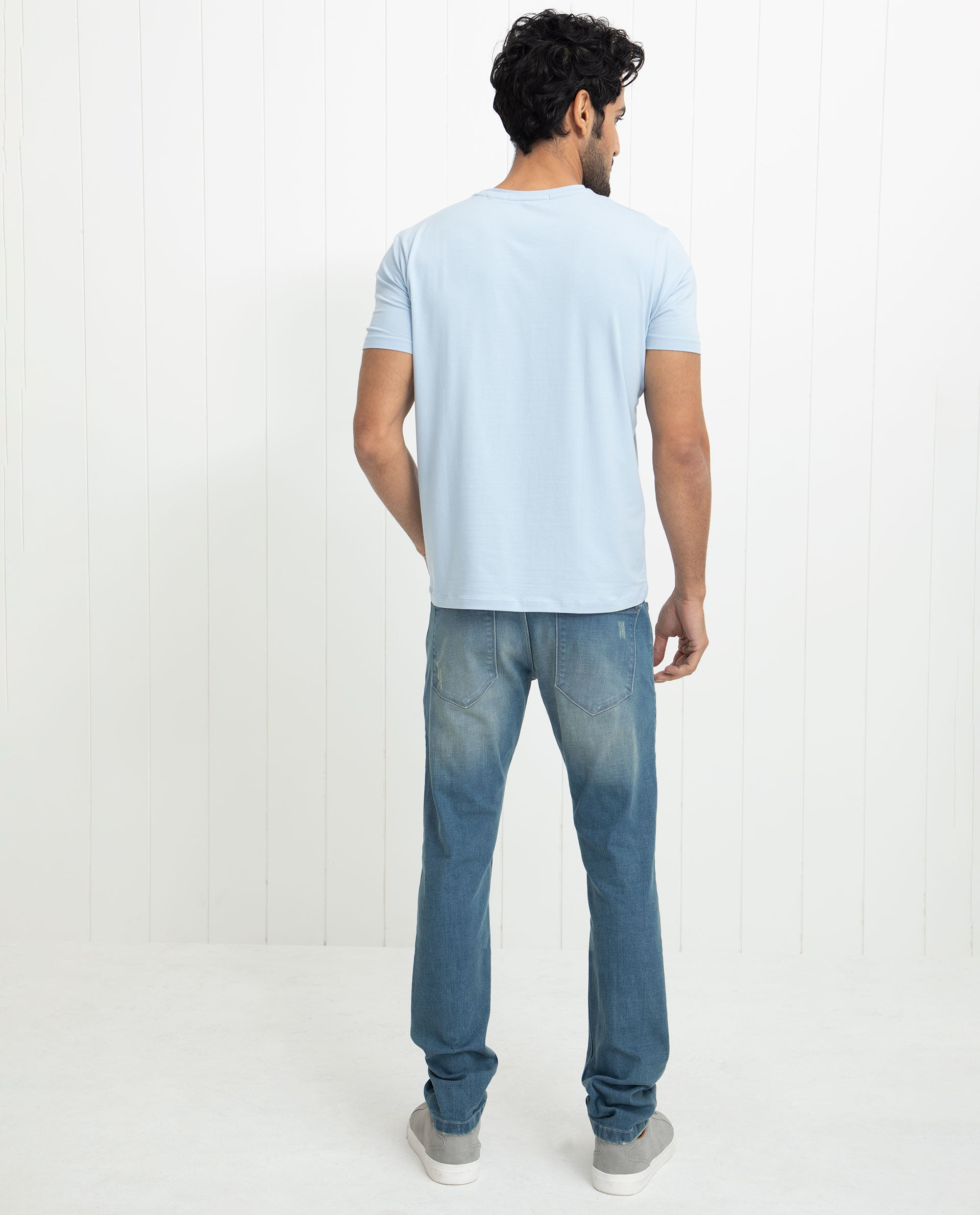 Rare Rabbit Men's Reed Blue Crew Neck Abstract Print With Branding Half Sleeves Slim Fit T-Shirt - view 11