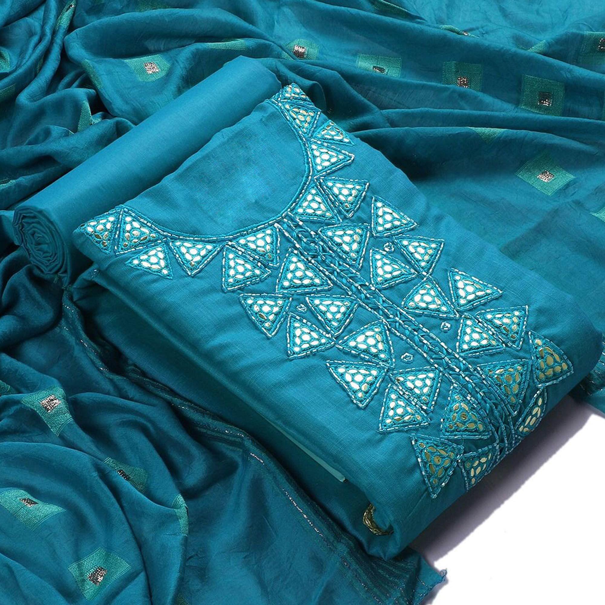 Peachmode Blue Zardosi Embroidered Cotton Dress Material