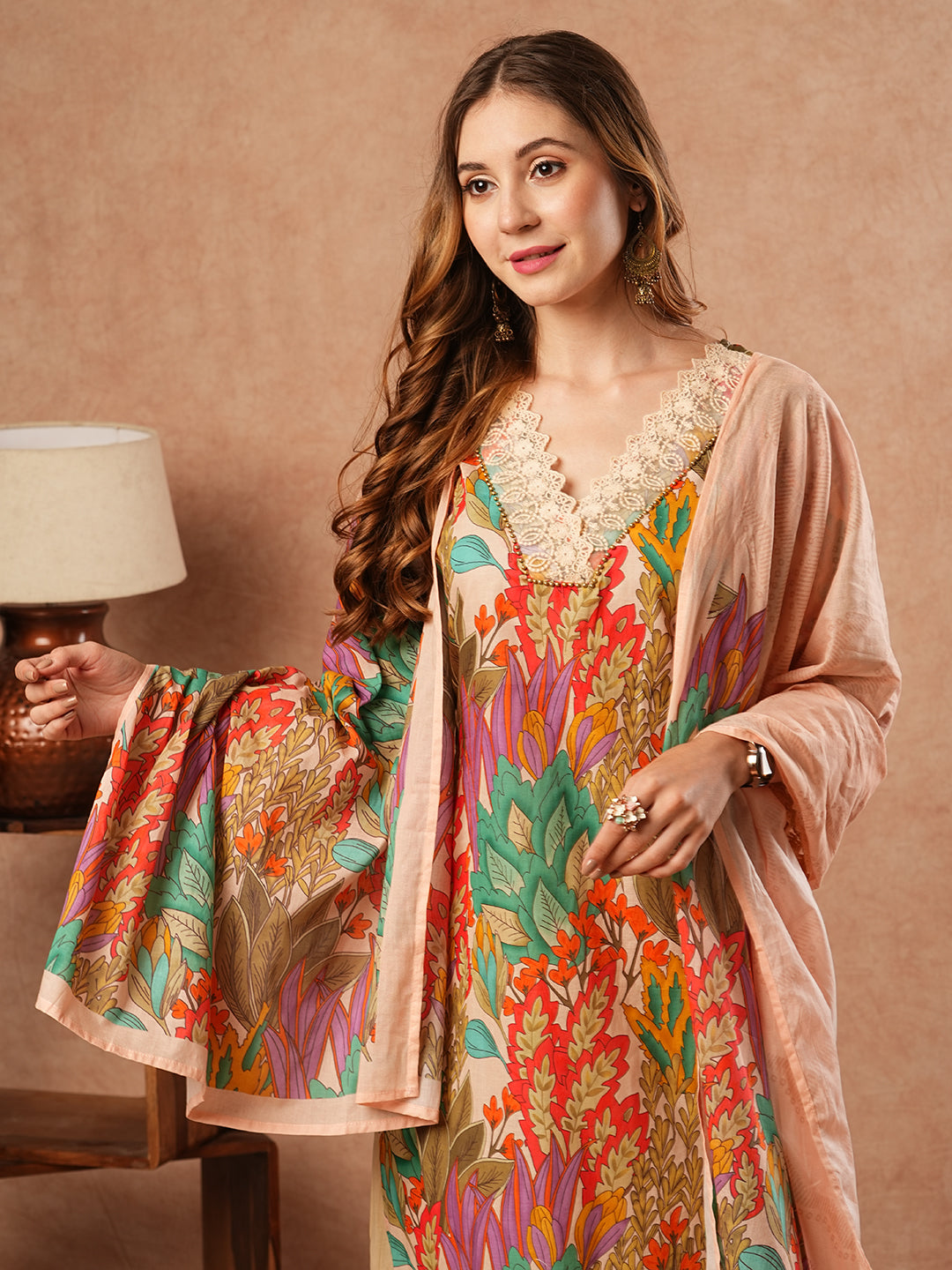 FASHOR Floral Printed Resham Embroidered Lace Work Kurta with Pants & Dupatta - Multi - view 2