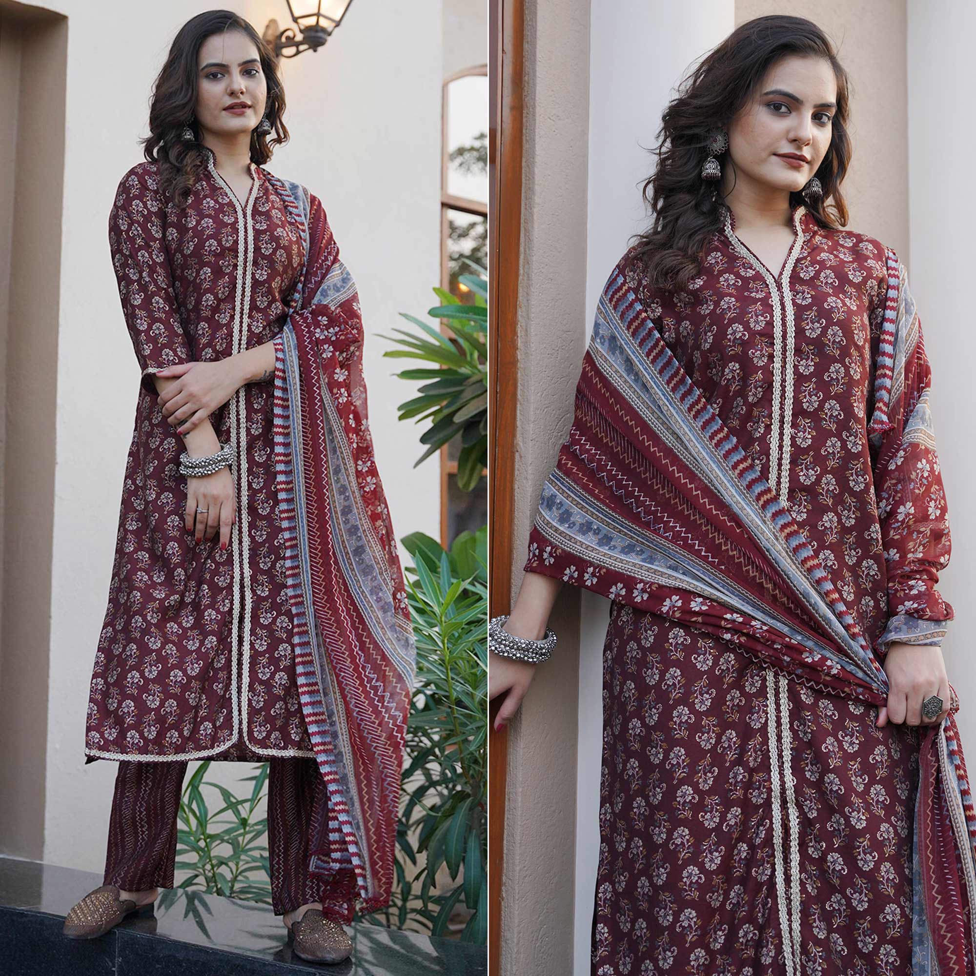 Peachmode Maroon Floral Foil Printed Modal Suit