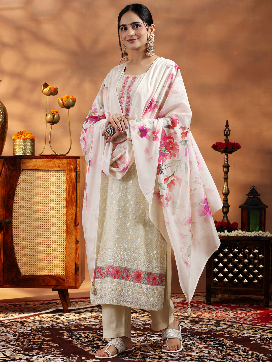 Libas Cream Embroidered Georgette Straight Suit With Dupatta