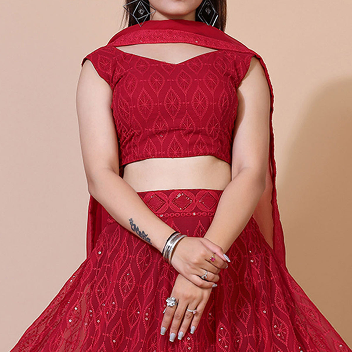 Peachmode Seller Dark Red Lucknowi Chikankari Work Georgette Lehenga Choli - view 2