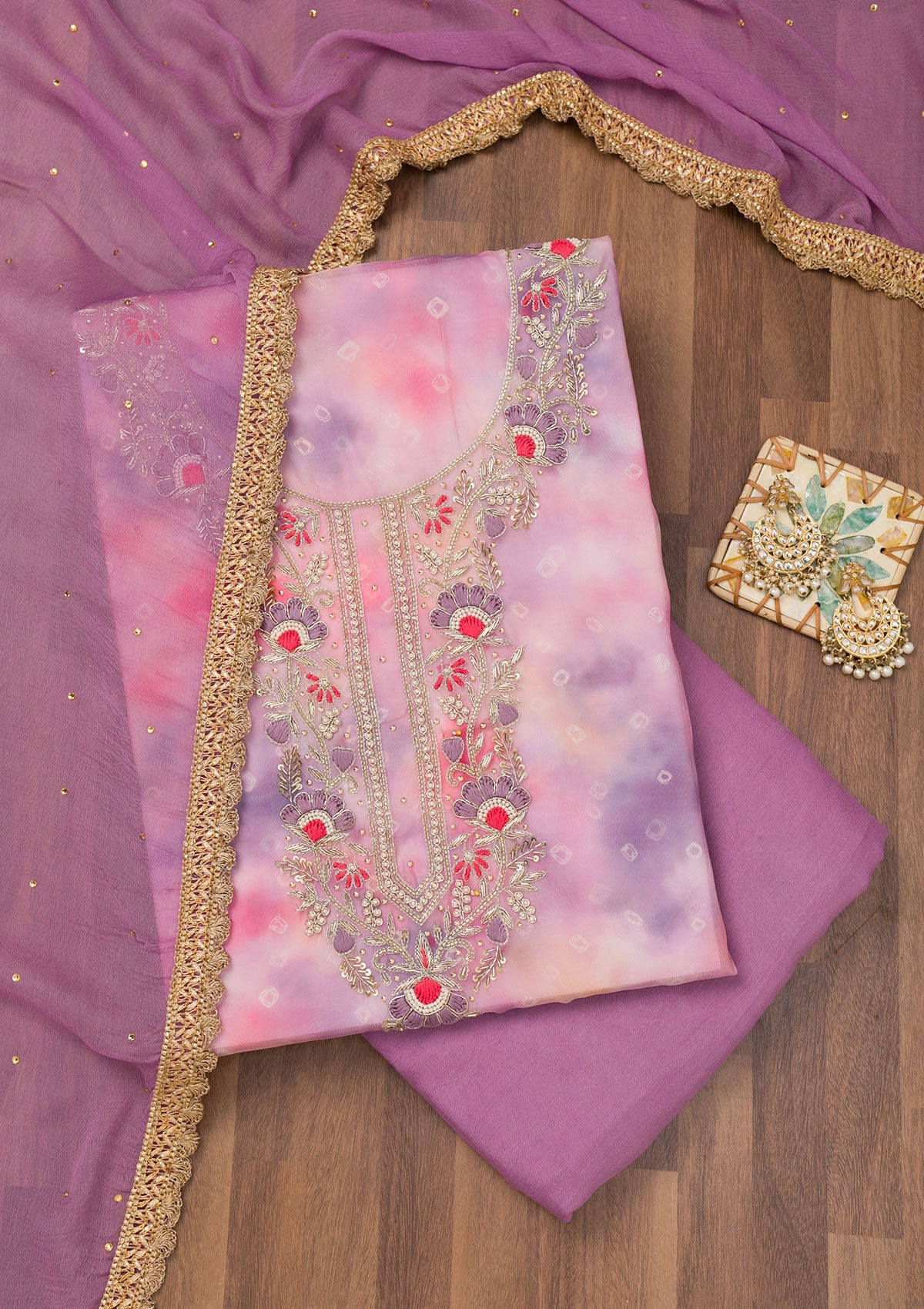 Koskii Purple Zariwork Organza Unstitched Salwar Suit