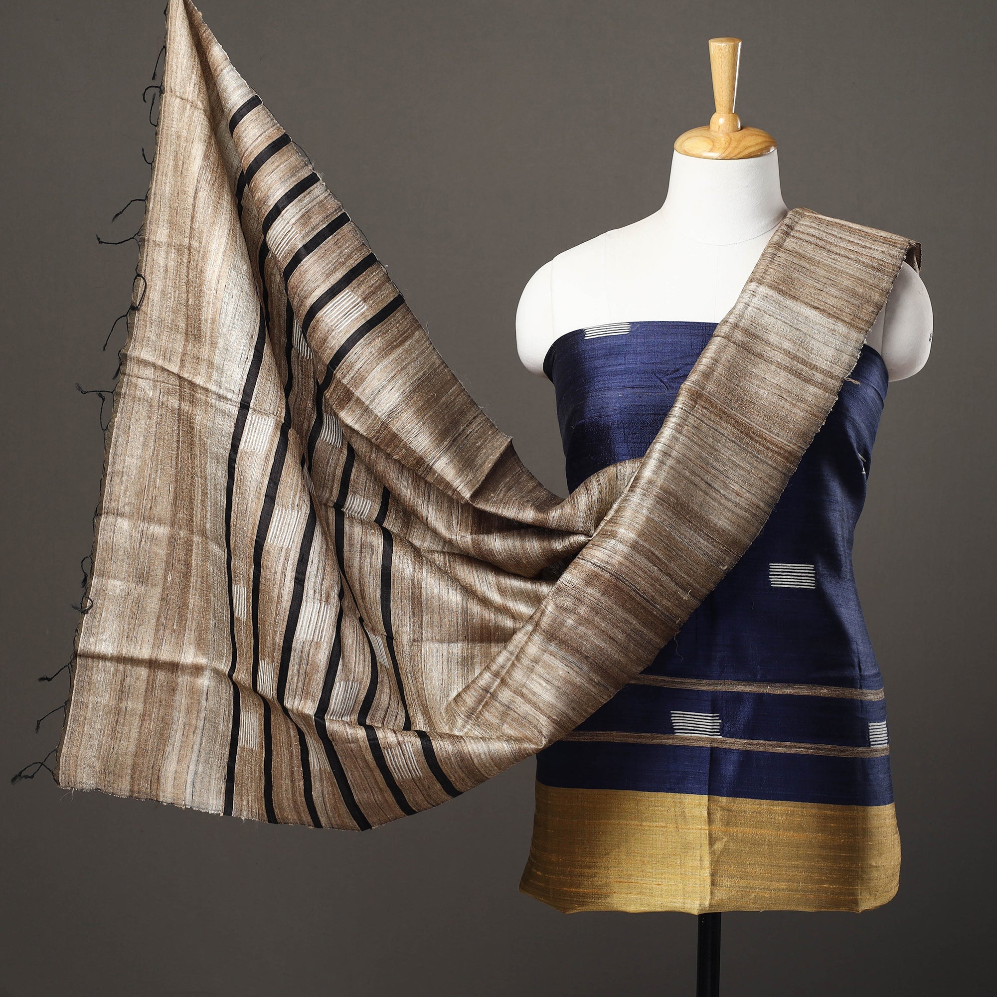 ITOKRI CRAFTS INITIATIVE Blue - 3pc Bhagalpuri Handloom Tussar Silk Dress Material 01