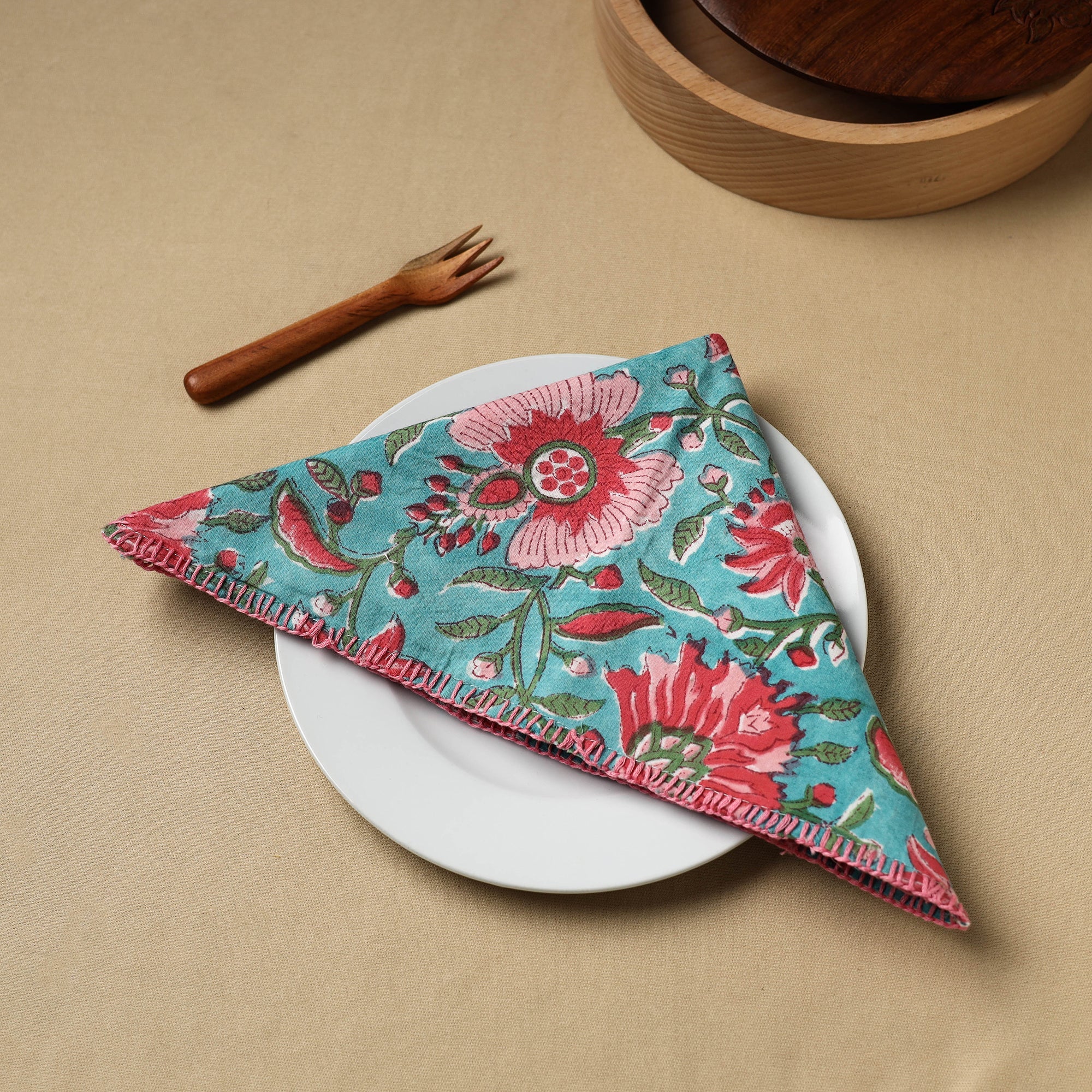 NOORI BAZAR Blue - Floral Block Print Hand Embroidery Table Napkin 09