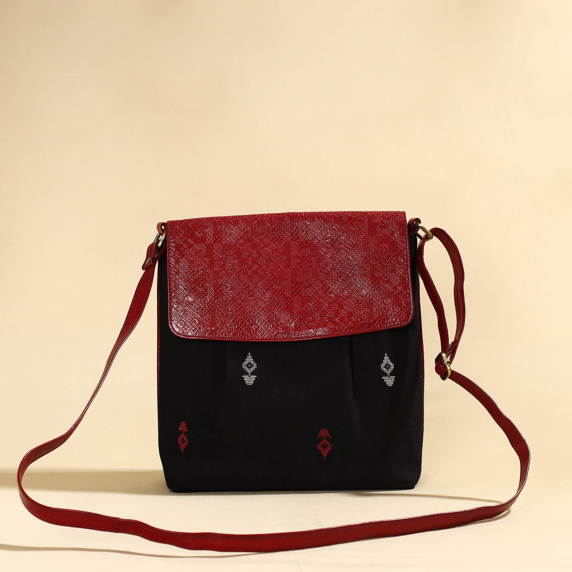 ASALKAAR Black - Handcrafted Jacquard Fabric Sling Bag with Embossed Leather Flap - view 2