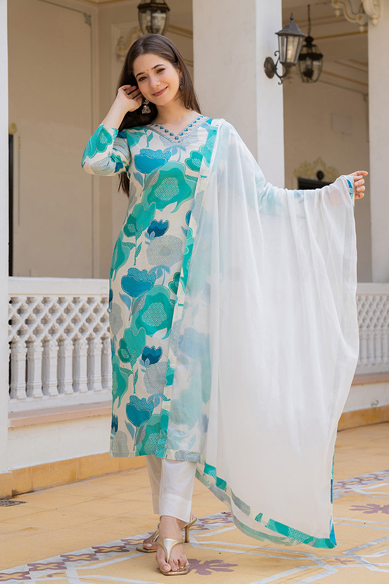 Ahika White Cotton Blend Floral Printed Straight Suit Set VKSKD2206