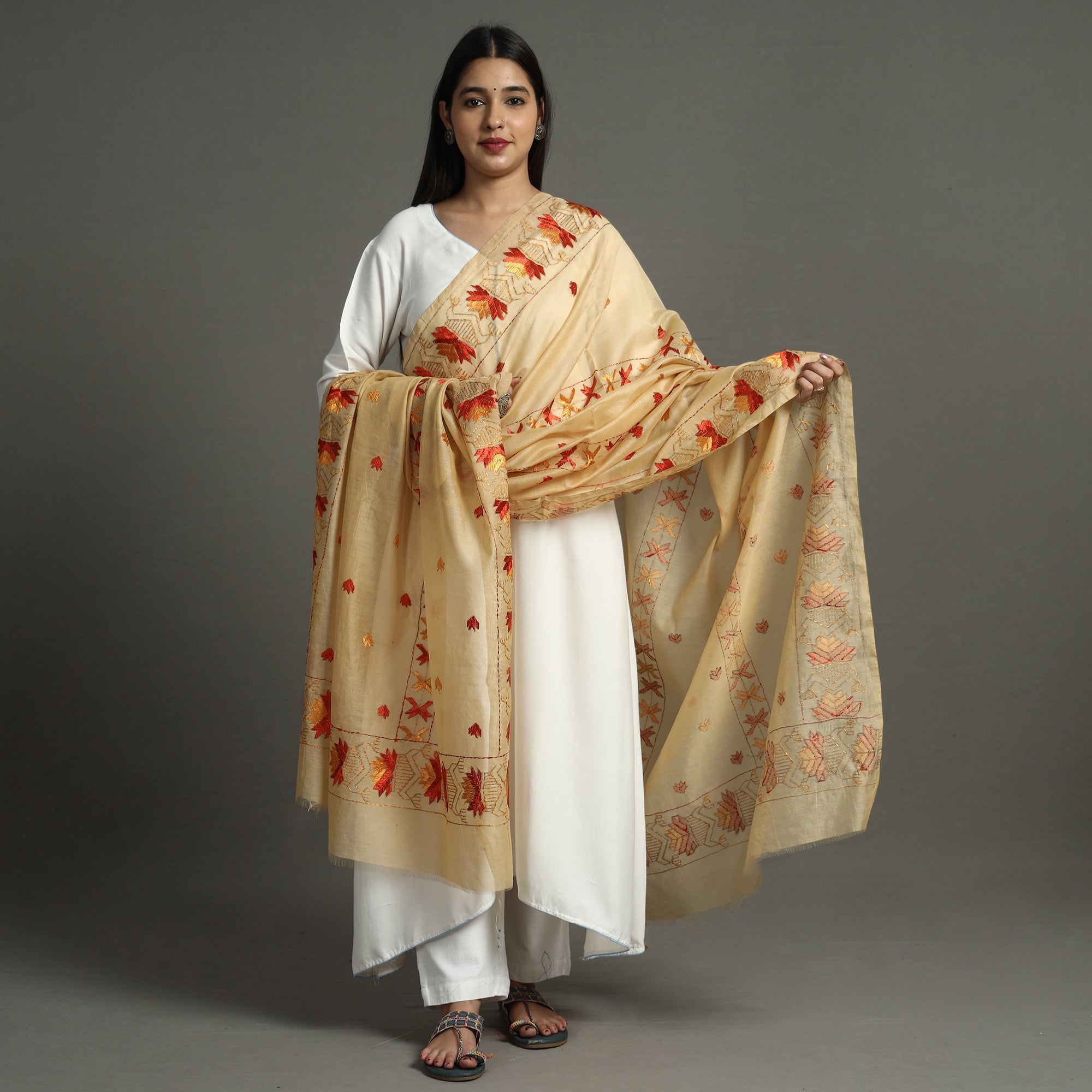 ITOKRI CRAFTS INITIATIVE Beige - Phulkari Hand Embroidery Chanderi Silk Cotton Dupatta 24 - view 2