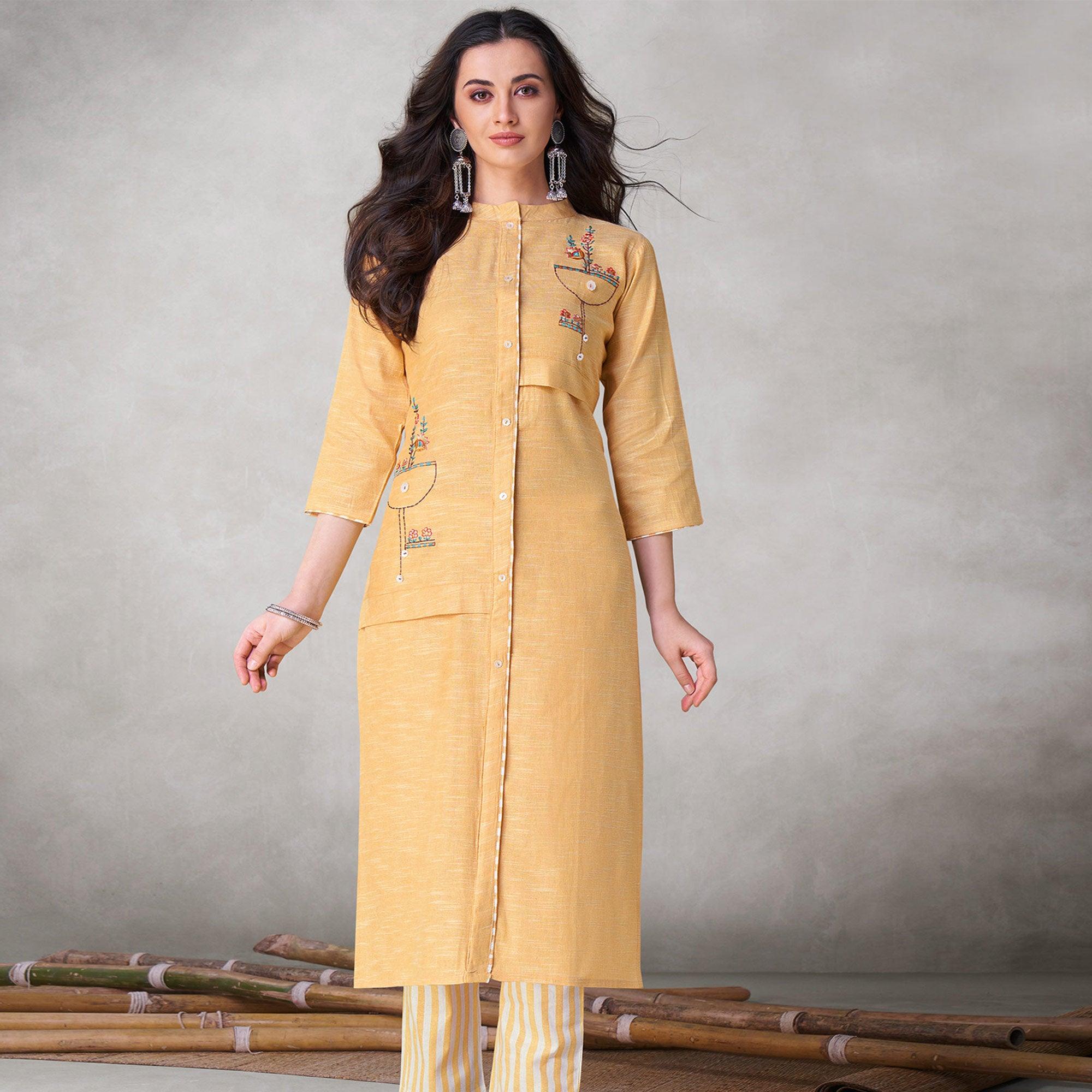 Peachmode Seller Eye-catching Yellow Colored Party Wear Embroidered Self Weaved Cotton Kurti Pant Set