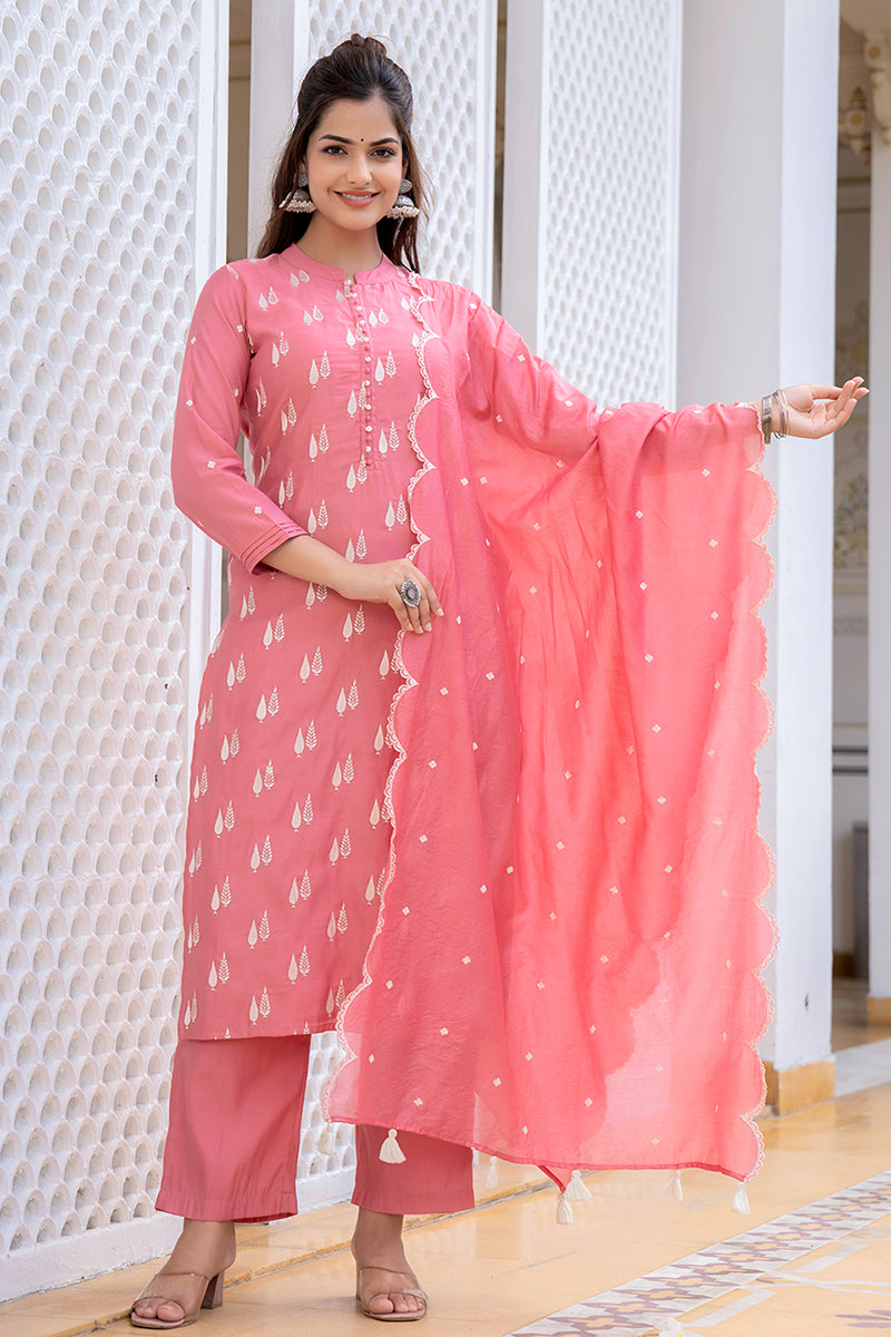 Ahika Pink Silk Blend Solid Embroidered Straight Suit Set With Trouser Bottom PKSKD2687 - view 7
