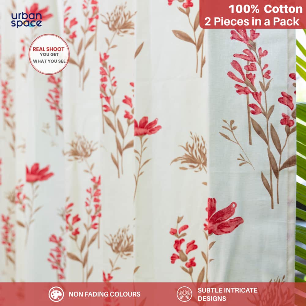 Urban Space -Home Furnishing Store 100% Cotton Curtains for Living Room, Bedroom curtains - Pack of 2 curtains, Orchid Blooms - Pink - view 2