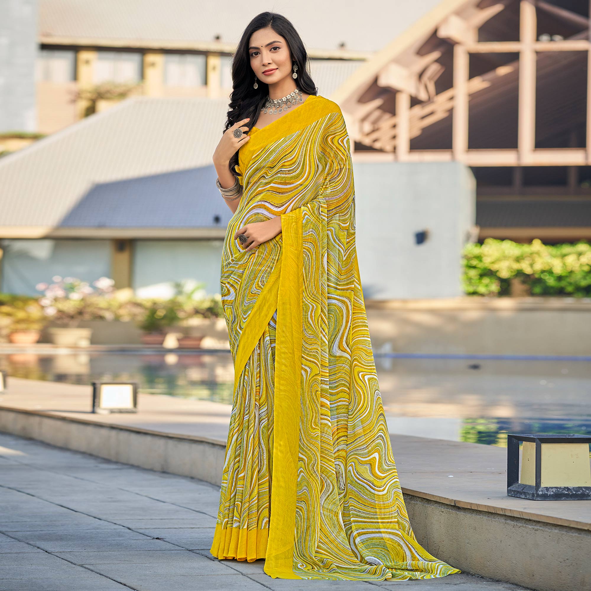 Peachmode Lemon Yellow Printed Chiffon Saree – Women's