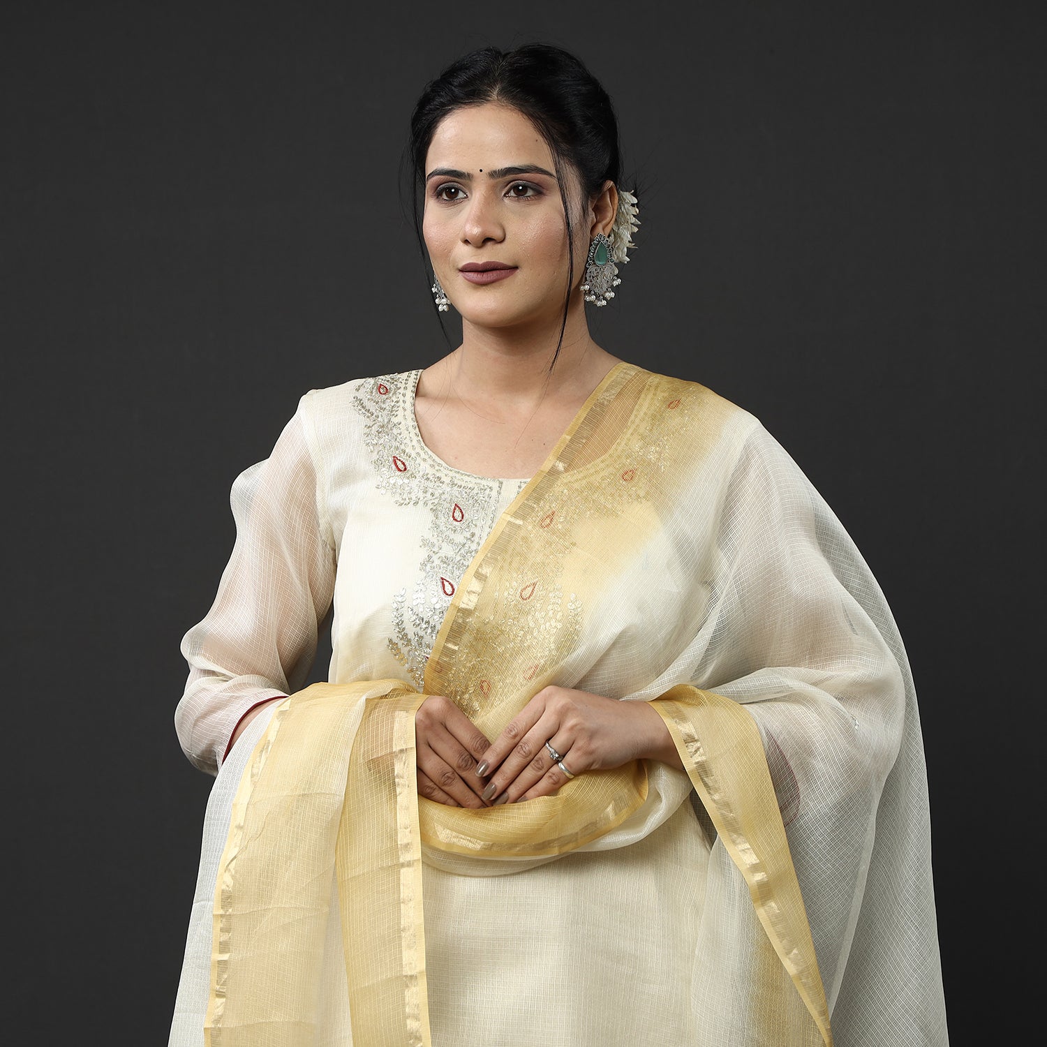 ITOKRI CASUALS Beige - Cream Kota Doria Pure Silk Kurta with Palazzo & Dupatta Set - view 2